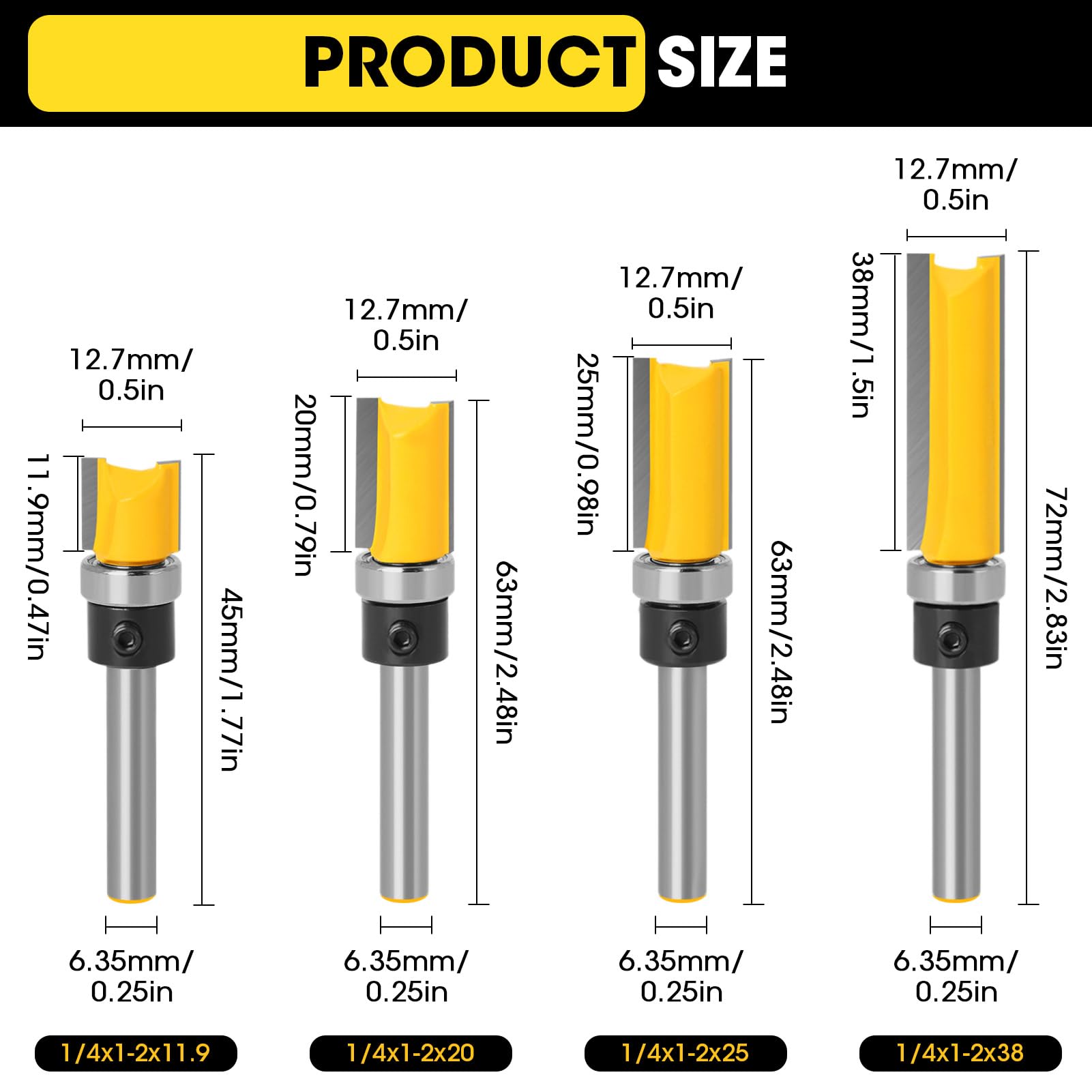 4 Pcs 1/4 Inch Shank Flush Trim Pattern Bit Set - Image 4