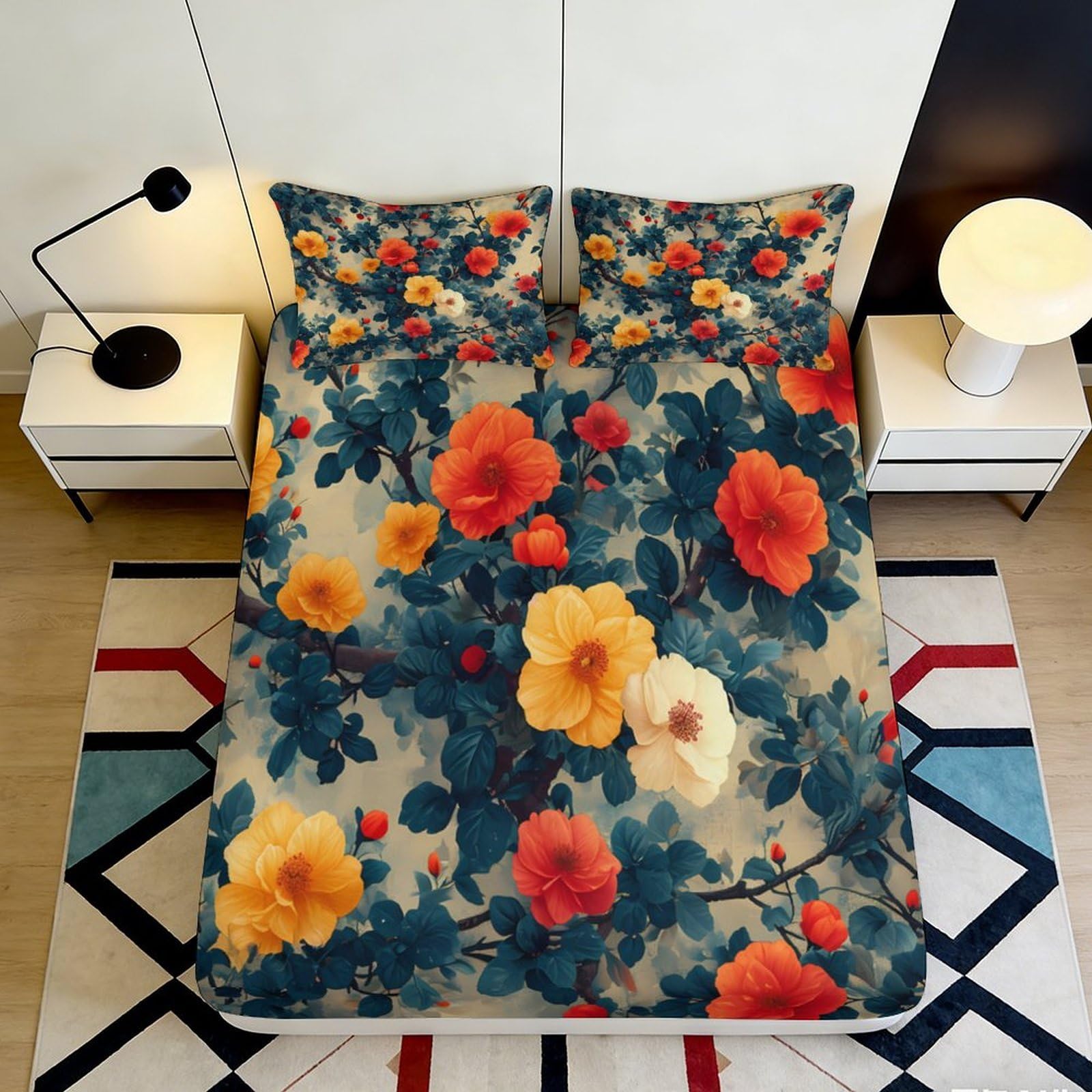 3D Printed Floral Garden Fitted Sheet Microfiber Soft Vibrant Blossom Mattress Cover for Bedroom Guest Room Dorm Decor 180x200x25cm