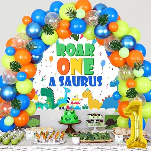 Miniatura 4 de Cheereveal One A Saurus Dinosaur - Kit de decoración de primer cumpleaños con telón de fondo de rugido Oneasaurus y arco de guirnalda de globos