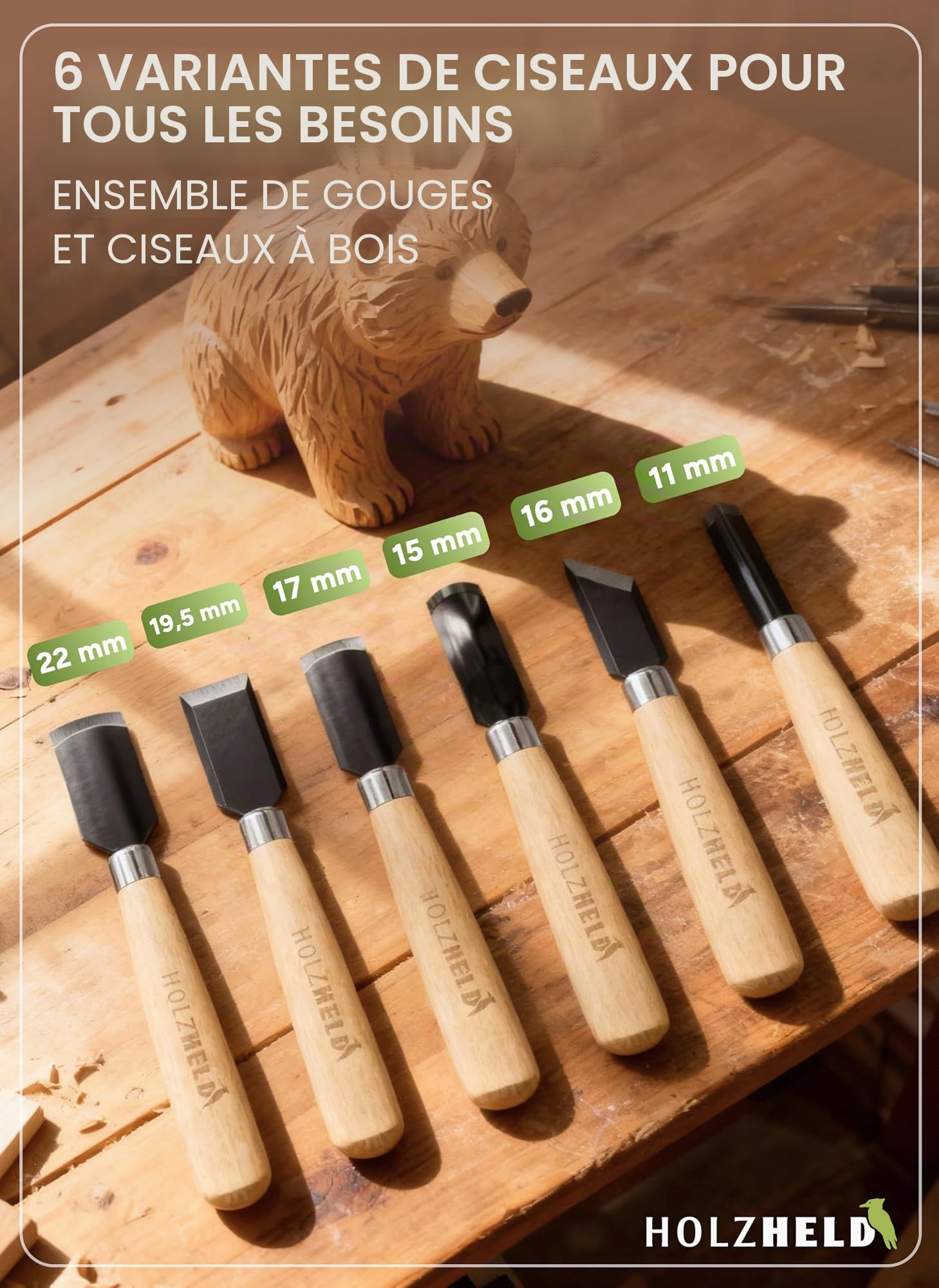 HOLZHELD - Lot de 6 ciseaux à bois en acier japonais de qualité supérieure pour le travail du bois.