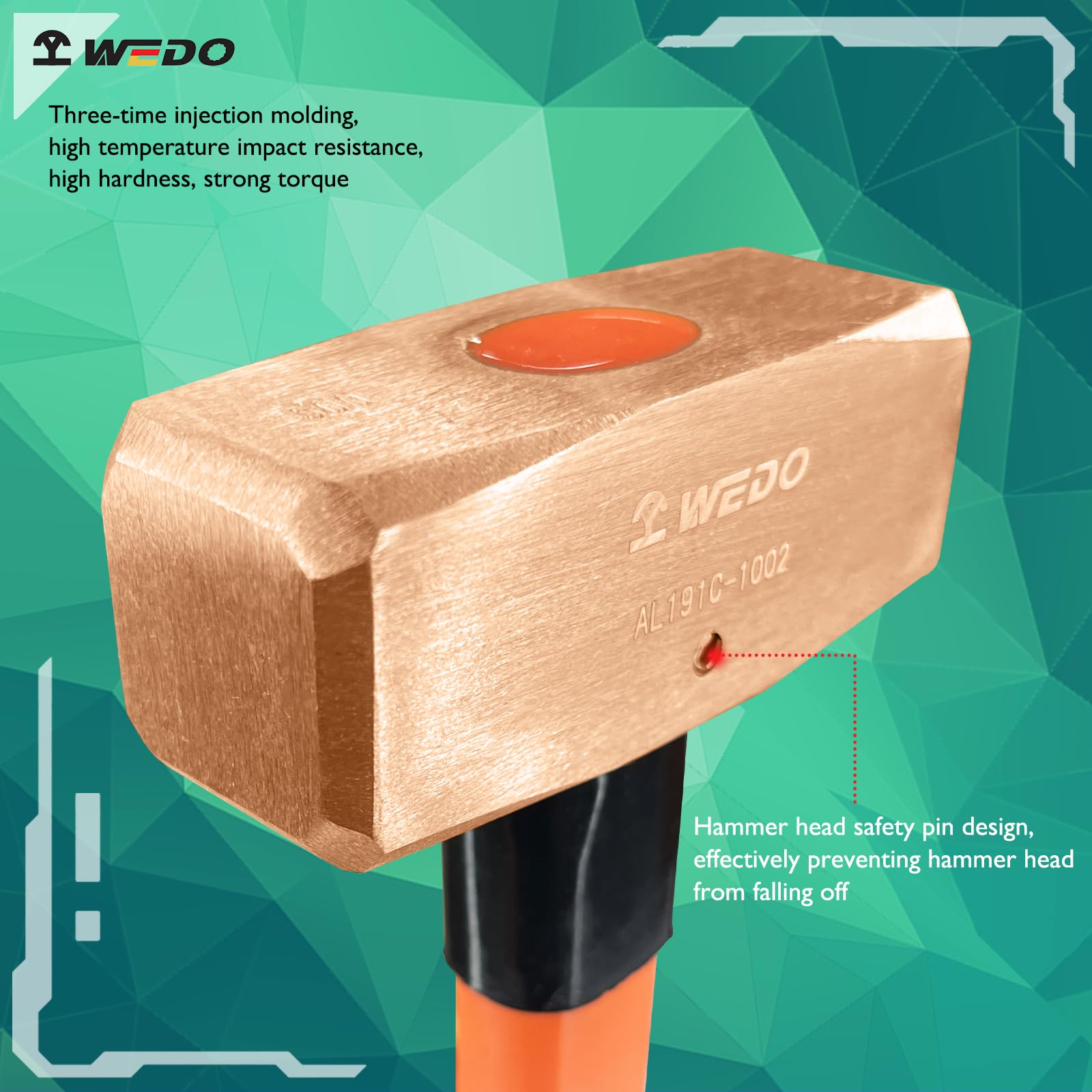 WEDO 1500g Martello Muratore con Impugnatura Ergonomica Antiscivolo,Maza da senza scintille con manico in fibra,berillio rame,lunghezza 400mm,non magnetico,Certificato BAM e FM