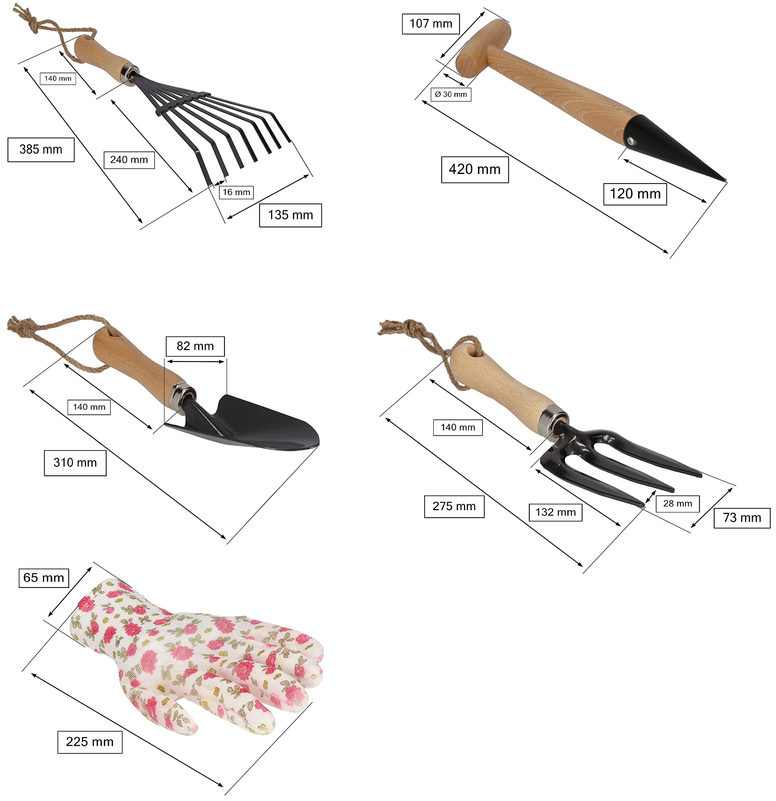 KOTARBAU® Set di 5 Piccoli Attrezzi da Giardinaggio Rastrello Forchetta Cazzuola e Guanti con Manico in Legno Universale per Giardino Accessori da Giardino Strumenti Utensili da Giardinaggio