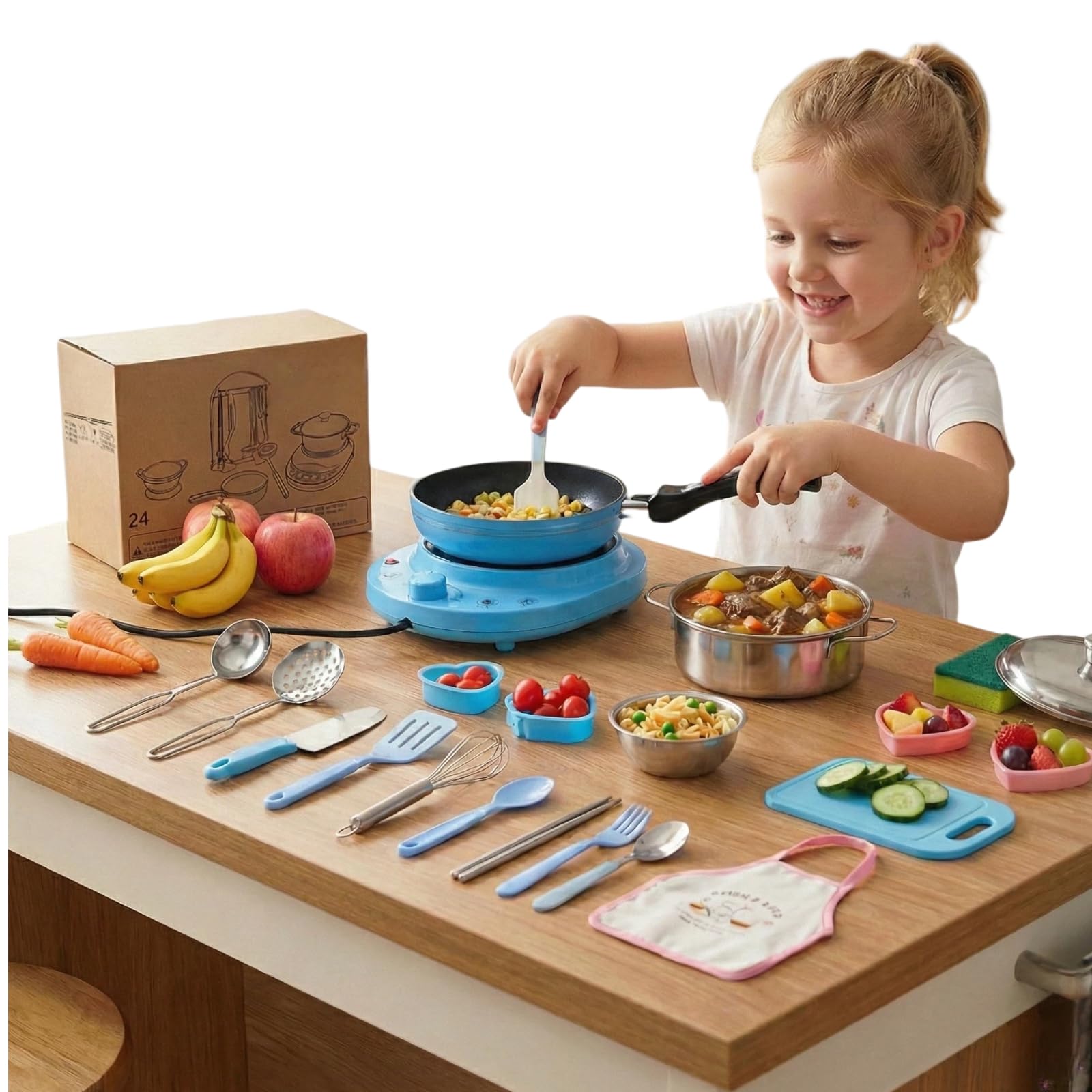 Mini Juego de Cocina para niños、24 Juguetes con Estufa eléctrica Funcional y Utensilios de Cocina de Acero Inoxidable Seguros. Kit de Cocina para Principiantes (Blue)
