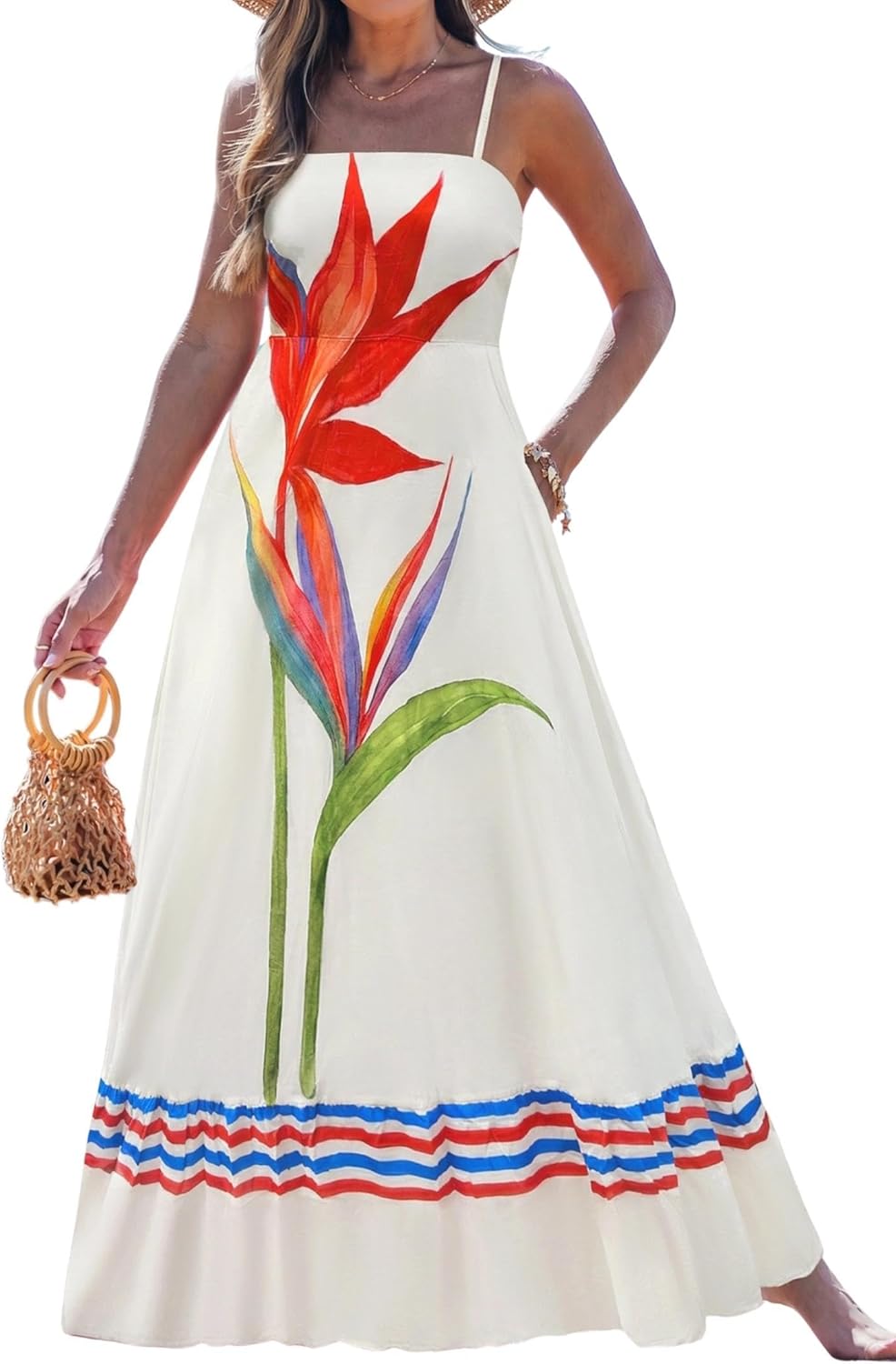 popvil Women Maxi Dress 2026 Spring Spaghetti Strap Summer Long Boho A-Line Flowy Dress Casual Sleeveless Sun Beach Dress