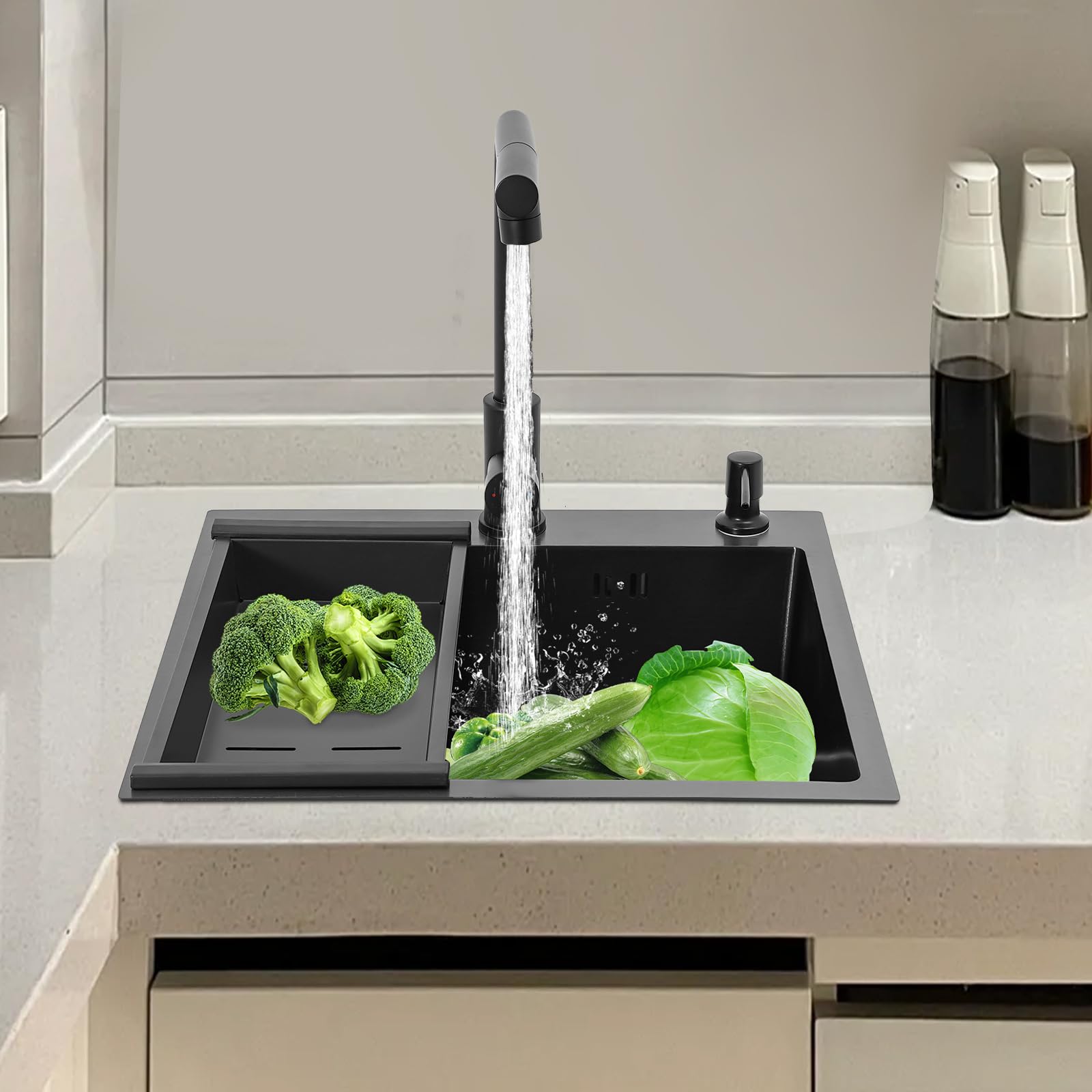 Lavello nero 50 x 45 cm, 1 vasca, lavello da cucina in acciaio inox, rettangolare, lavabo da incasso, piccolo lavello in acciaio inox con rubinetto estraibile, scolapiatti, dispenser di sapone