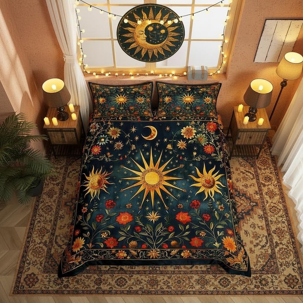 Castle Fairy Sun Moon Bedding Set Boho Exotic Style Comforter Cover Rustic Style Flowers Duvet Cover Boys Girls Room Decor Navy Gold Bedspread Cover King Bedding Collection 3Pcs,No Comforter