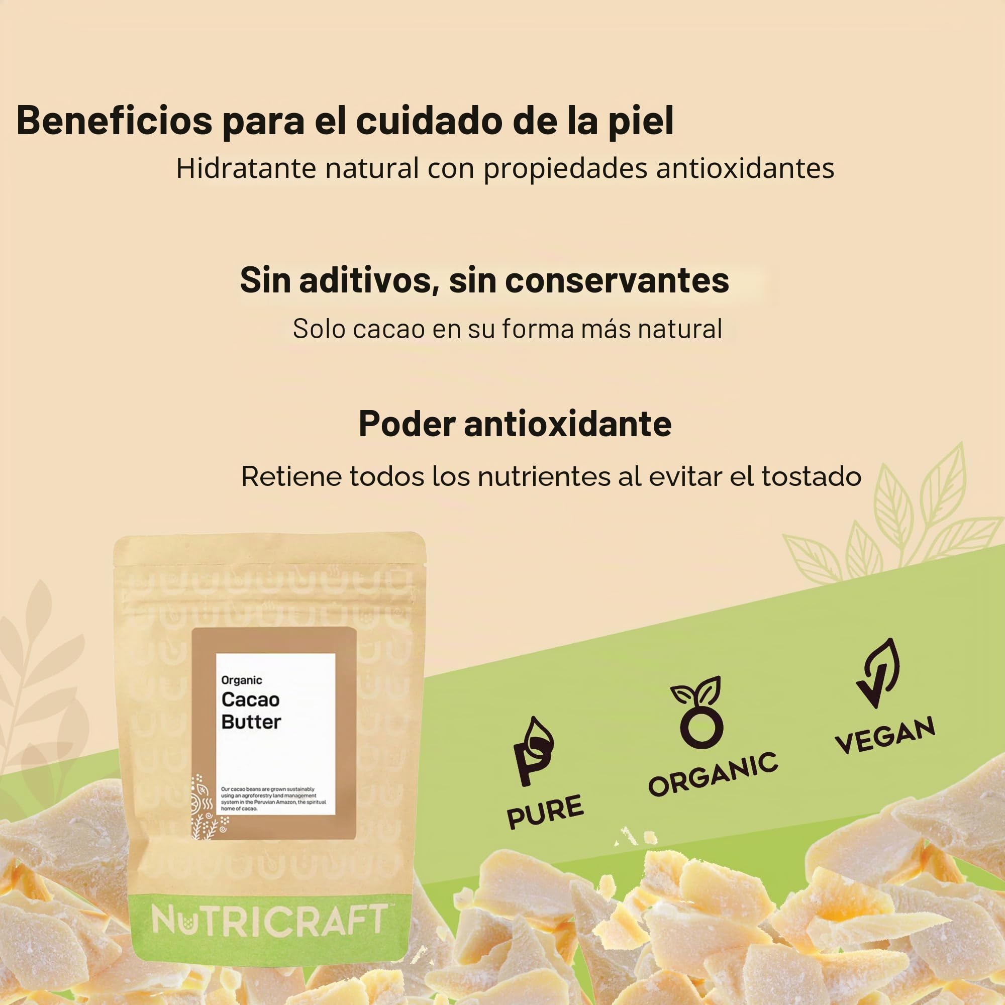 NutriCraft Mantequilla de cacao criollo orgánica, 1 kg, 100% pura, de origen sostenible de la Amazonía peruana, para hornear, hacer chocolate, mantequillas corporales y jabones, fusión rápida, rico