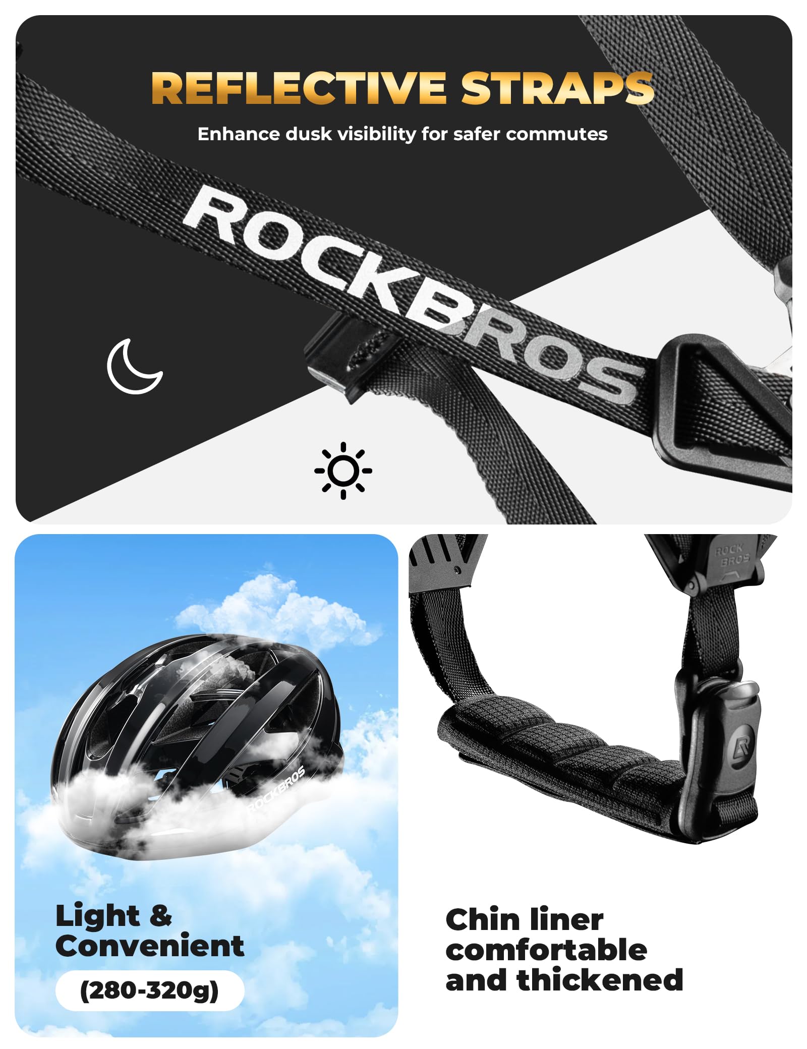 ROCKBROS Fahrradhelm Integrierter Radhelm mit Verstärkungsrahmen, Antimikrobielles Ultraleicht Rennradhelm mit Belüftungssystem für Herren Damen Rennrad MTB, 58-62cm