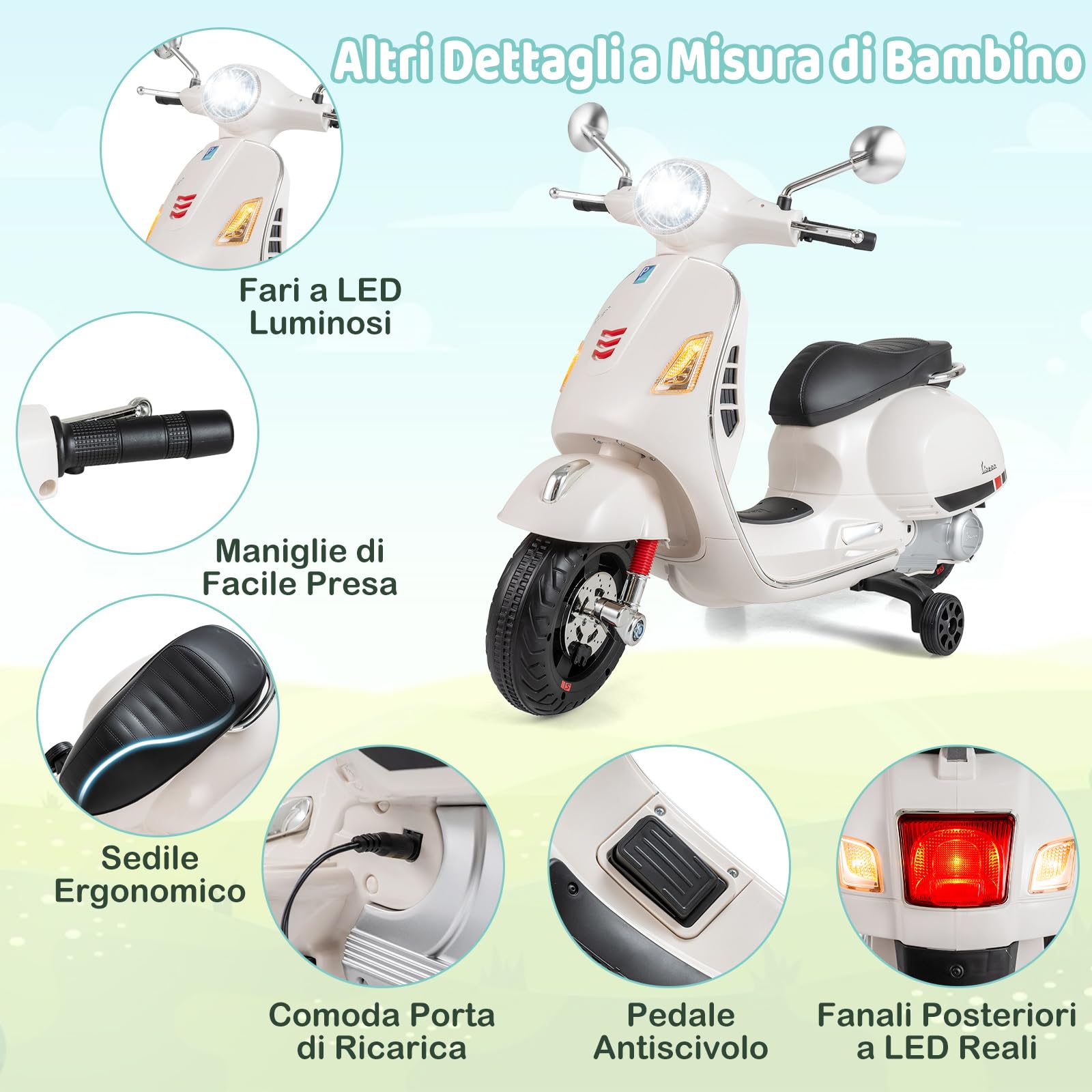 RELAX4LIFE Moto Elettrica per Bambini, Vespa Licenziato con Luci LED, Ruote di Addestramento, Musica, Clacson e Pulsante di Avvio Unico, Batteria da 12V, per Bambini 3-6 Anni (BIANCO)