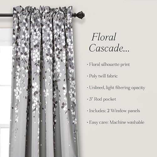 Miniatura 6 de Lush Decor Weeping Flower - Paneles de cortina para ventana con filtro de luz, par, 52" de ancho x 95" de largo + 2" de cabecera, gris -