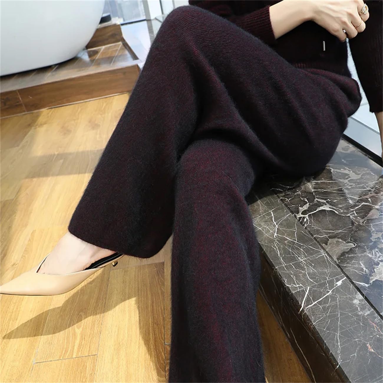 Pantaloni da donna in cashmere, pantaloni dritti a vita alta autunno e inverno, alla moda, casual, lavorati a maglia, a gamba larga