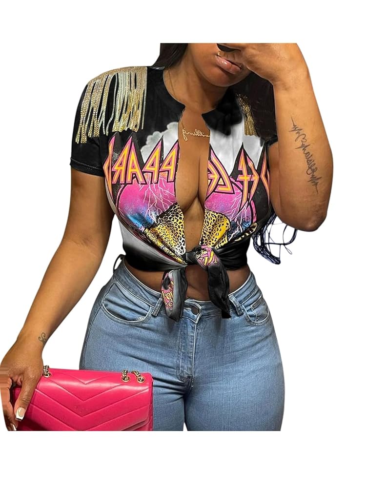 Fuiuwhs Graphic Tees for Women Tassel Shirt Open Front Crop