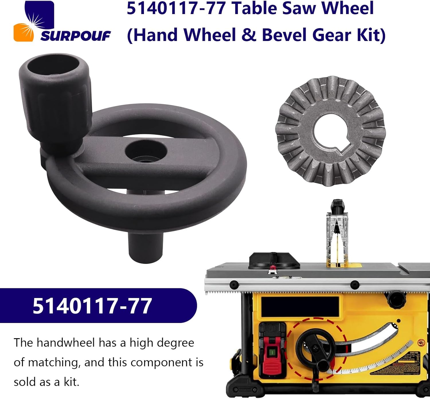 5140117-77 Table Saw Wheel (Hand Wheel & Bevel Gear Kit) Compatible With DW7450 DW745 DW745-AR DW745-B2 DCS7485B DCS7485T1 DWE7480 DWE74800