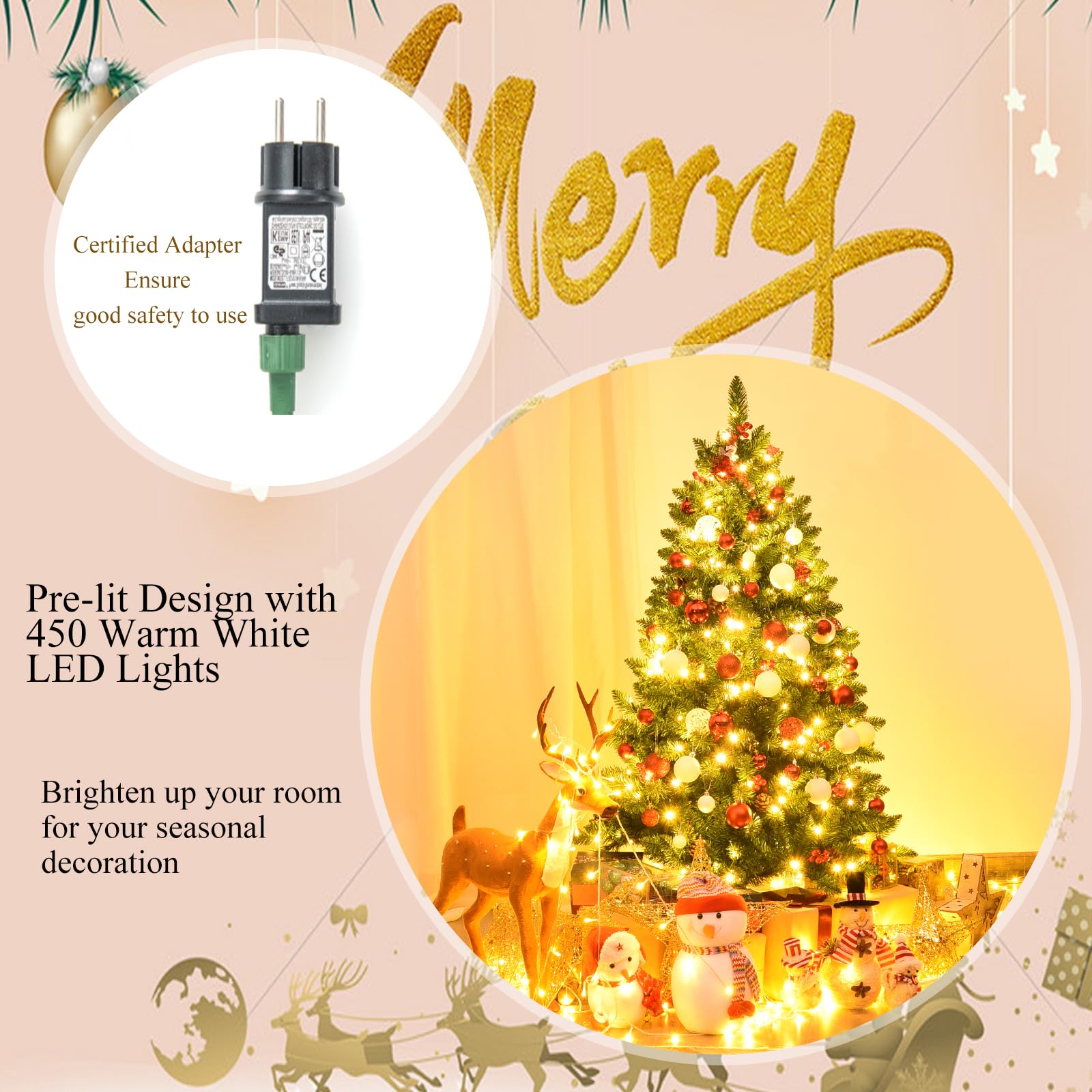 LIFEZEAL Sapin de Noël 195 cm, Arbre de Noël Artificiel avec 450 LED, 1100 Branches, 56 Baies, 56 Pommes de Pin, PVC Épais Ignifugé, Base en Métal, Décoration Intérieure et Extérieure