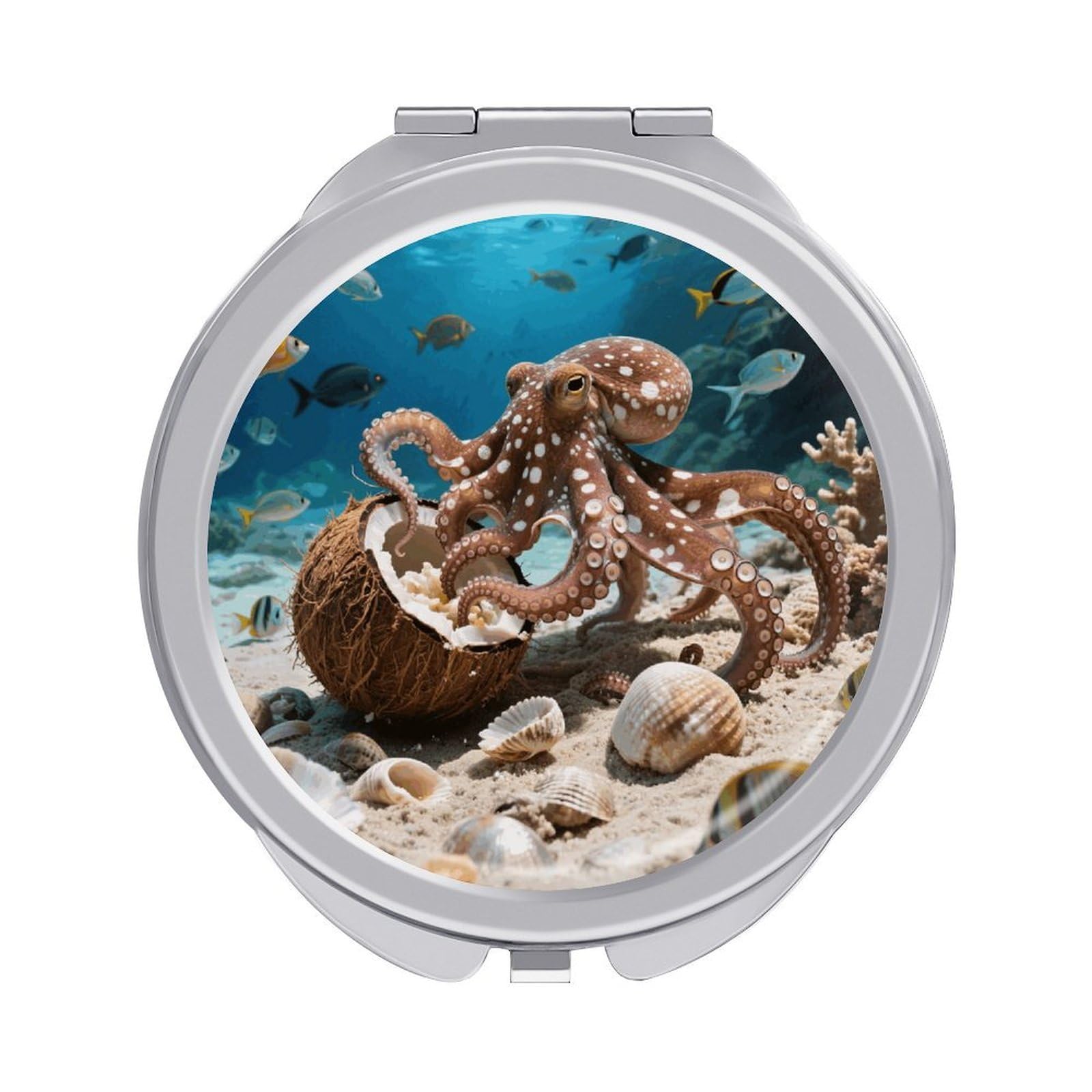 FodPand Compact Hand Mirror with 1x/2x Magnifying Round Travel Makeup Mirror Mini Foldable Coconut Octopus Cosmetic Mirrors Travel Essentials Gift for Women Girl Portable for Pocket Purse -Silver