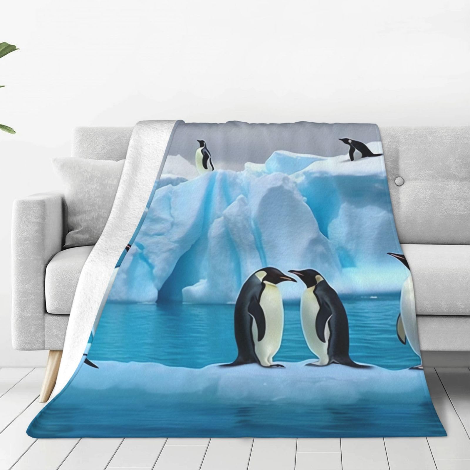 KLOPH Penguins On The Iceberg Throw Blanket 80"x60" Flannel Fluffy Warm Blanket for Couch, Reversible Plush Blankets for Bed, Comfy Fuzzy Blanket for Sofa, Plush Lightweight-Blankets for All Season