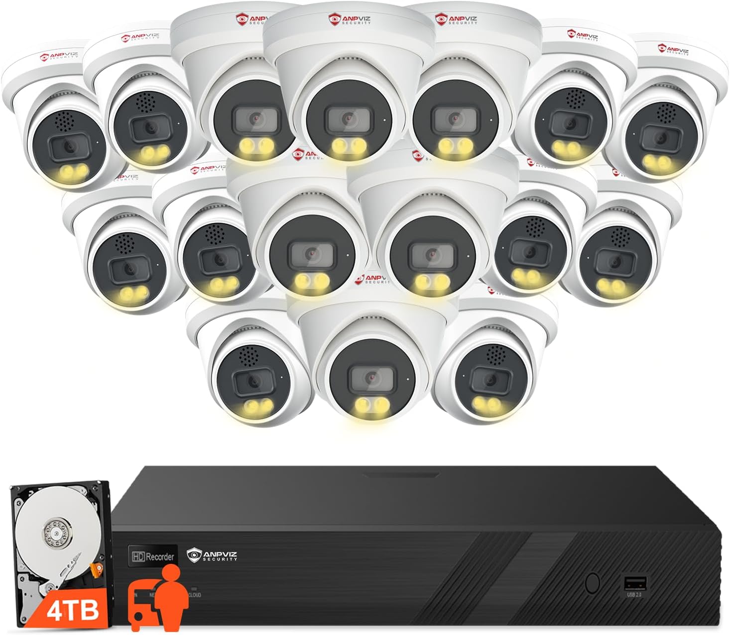 Anpviz 16CH 4K PoE Security Camera System, 16pcs 8MP Wired PoE IP Cameras with Two Way Audio, 100FT Smart Color Night Vision, Human Vehicle Detection, 4K/8MP 16CH NVR Pre-Installed 4TB HDD (U Series)