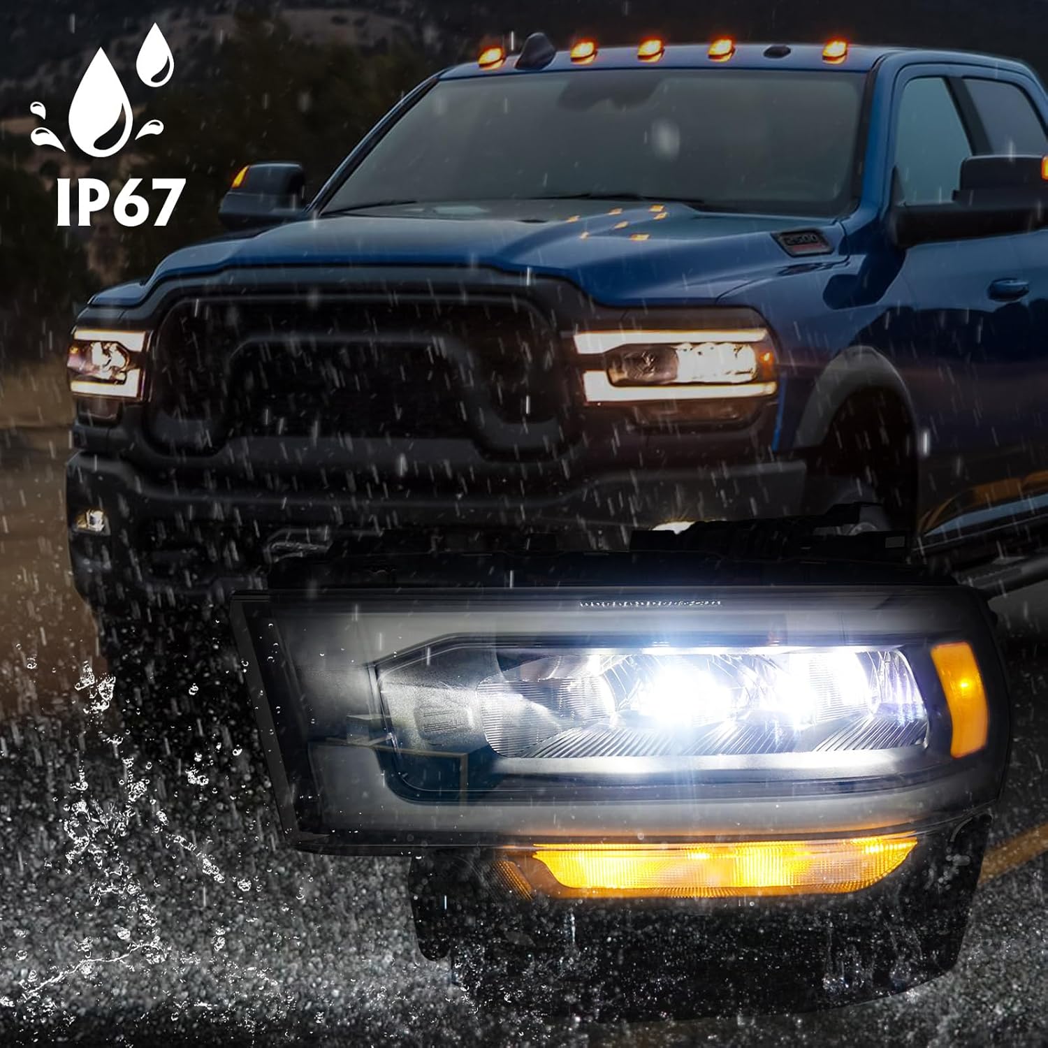 FIONE Headlight Compatible with Dodge Ram 2500 3500 2019-2024 W/LED Daytime Running Light DRL Head lamp Assembly Black headlamp W/Bulb Left Driver Side 68360181AC