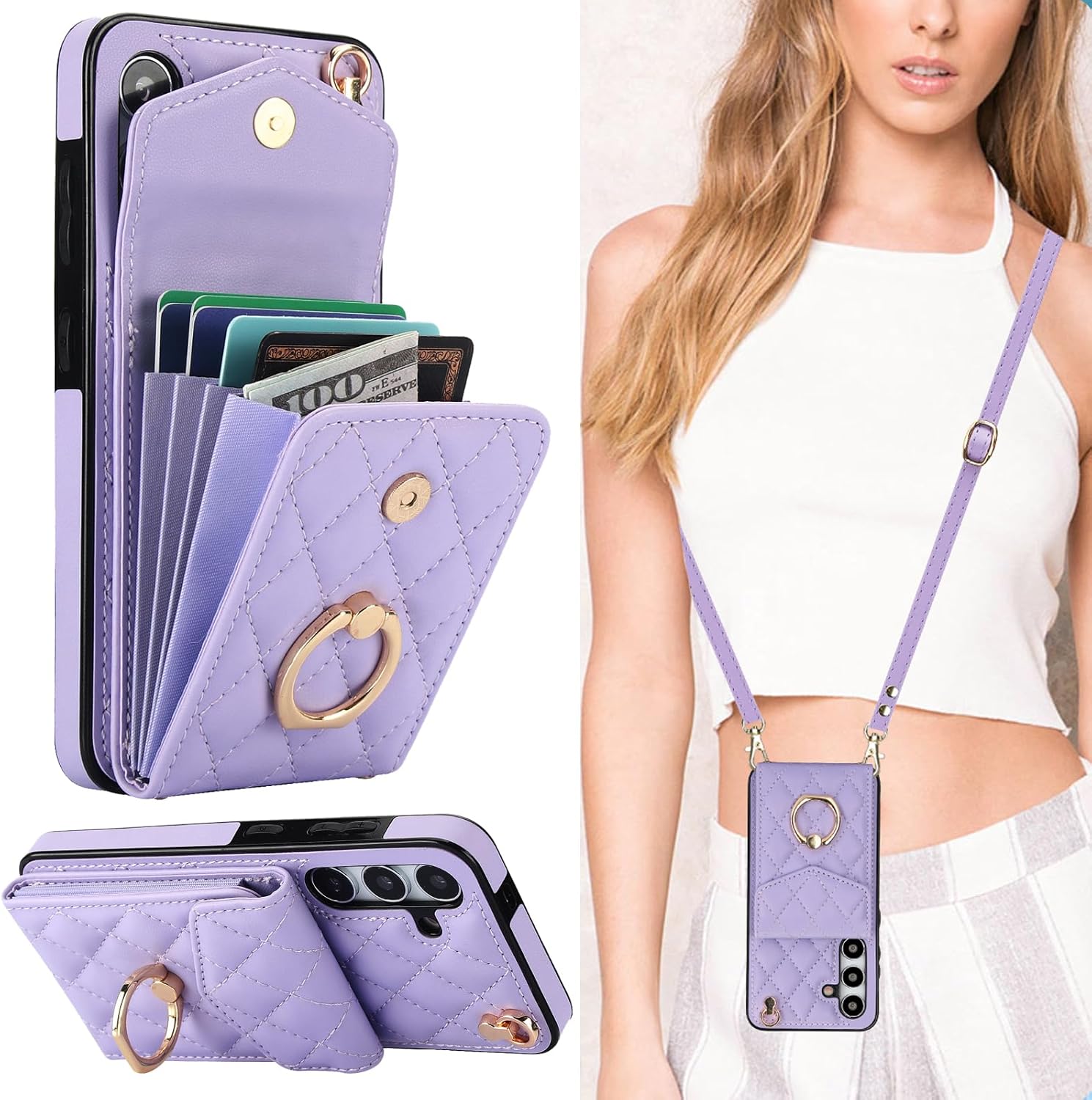 for Samsung Galaxy S23 Crossbody Wallet Case, PU Leather with Card Holder Kickstand Lanyard Cover for Women Case for Samsung Galaxy S23.Lanyard Purple XR:Purple