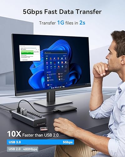 Miniatura 3 de WENTER Hub USB 3.0 alimentado con lector de tarjetas SDTF, concentrador USB de aluminio de 10 puertos (9 puertos USB 3.0 de transferencia de datos y