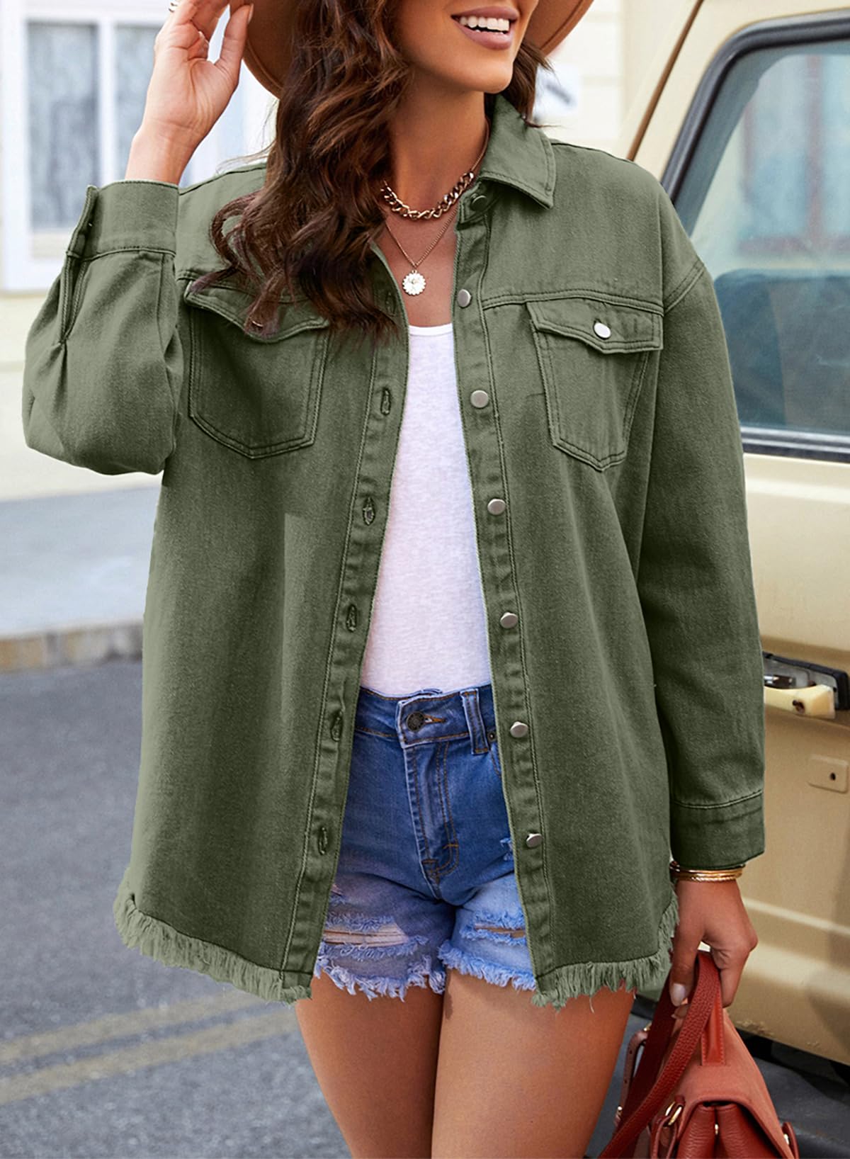 Dokotoo Jeansjacke Damen Übergangsjacke Oversize Jeans Jacken Jeanshemd Distressed Fransen Denim Hemdjacke mit Taschen S-2XL
