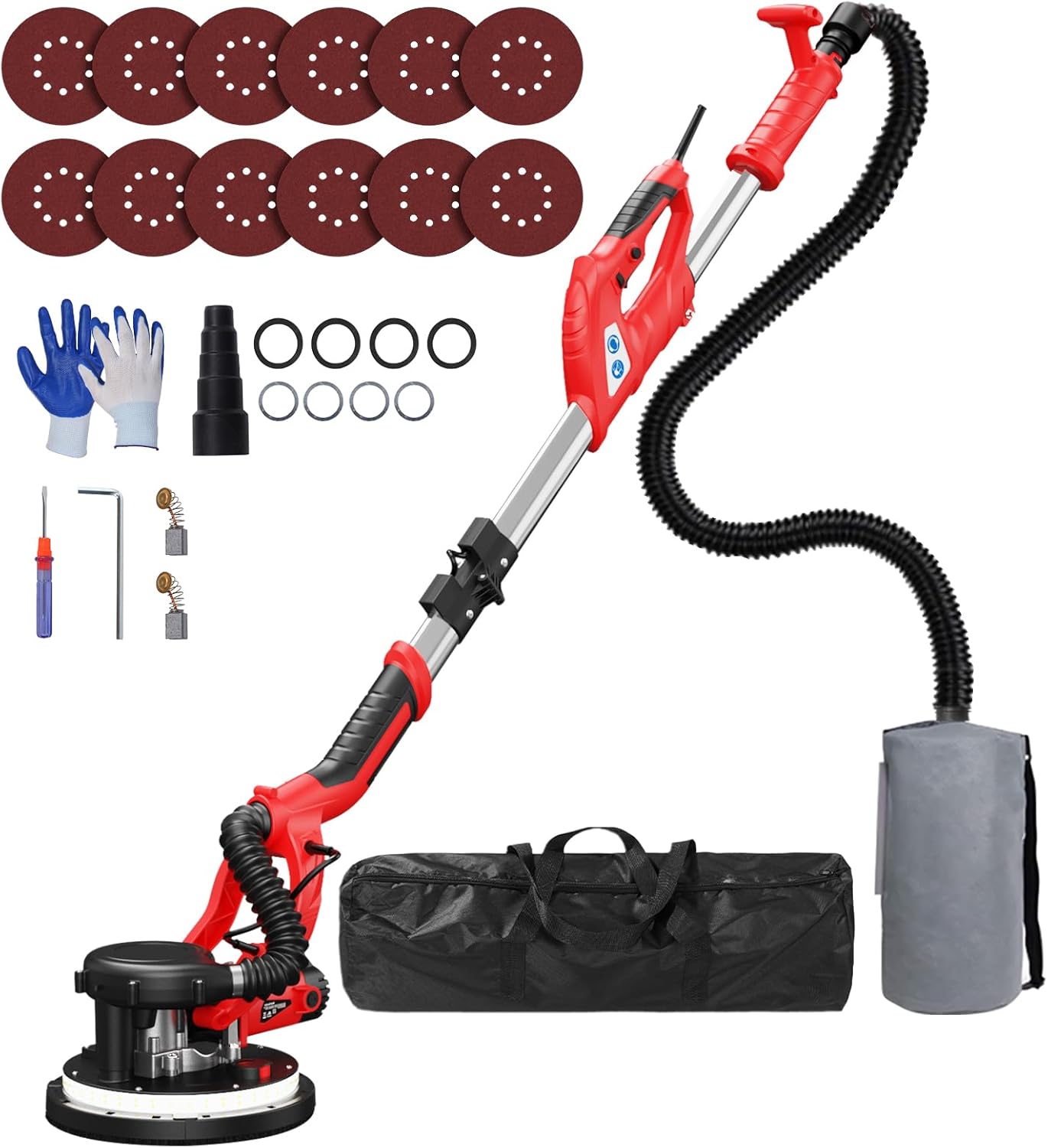 USED Drywall Sander, 2025 Upgraded 8-Amp Popcorn Ceiling Removal Tool with 7 Variable Speed 800-1800RPM, Drywall Sander with Vacuum Dust Collector with Extendable Handle, LED Light, 12pcs Sanding Discs,Red