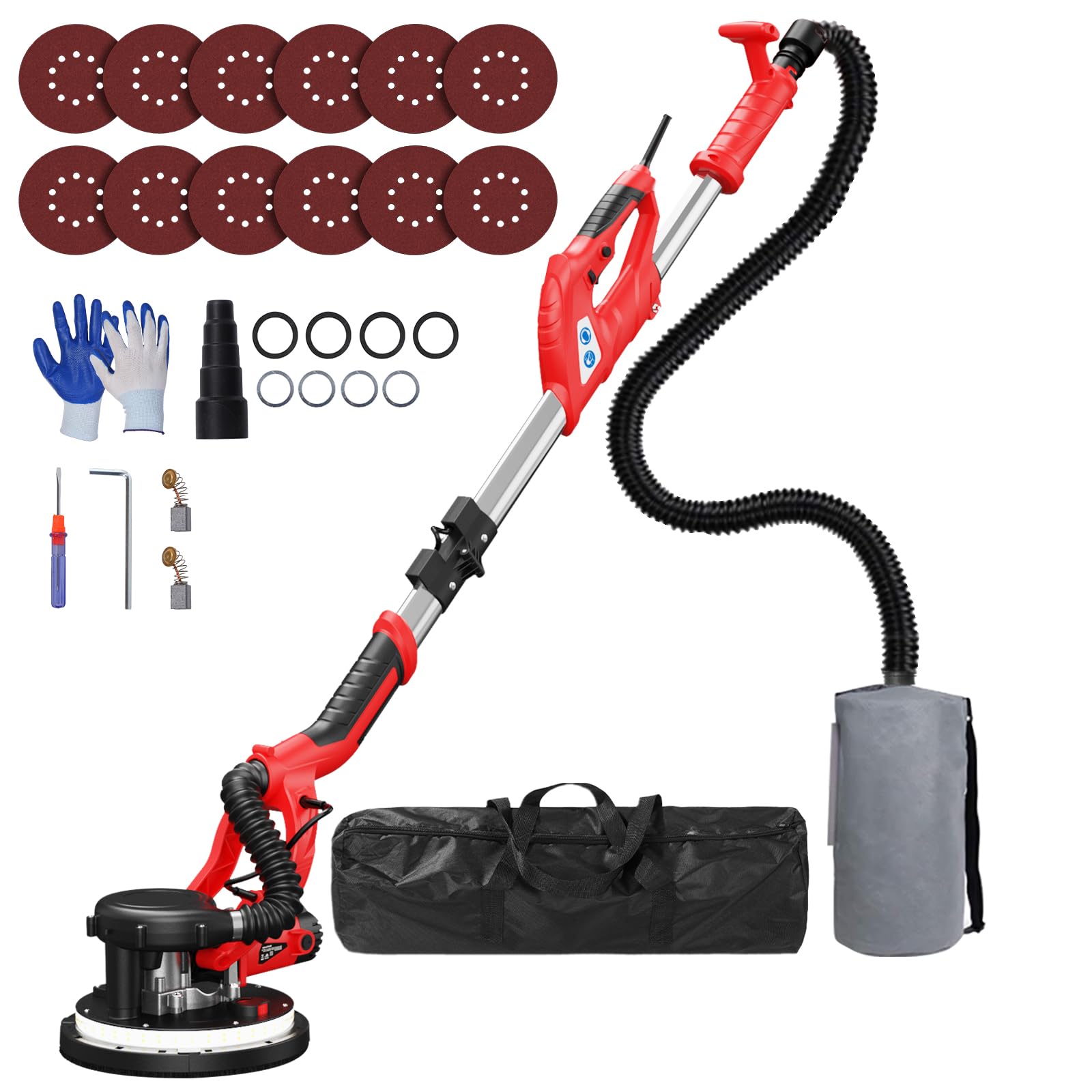 Drywall Sander, 2025 Upgraded 8-Amp Popcorn Ceiling Removal Tool with 7 Variable Speed 800-1800RPM, Drywall Sander with Vacuum Dust Collector with Extendable Handle, LED Light, 12pcs Sanding Discs,Red