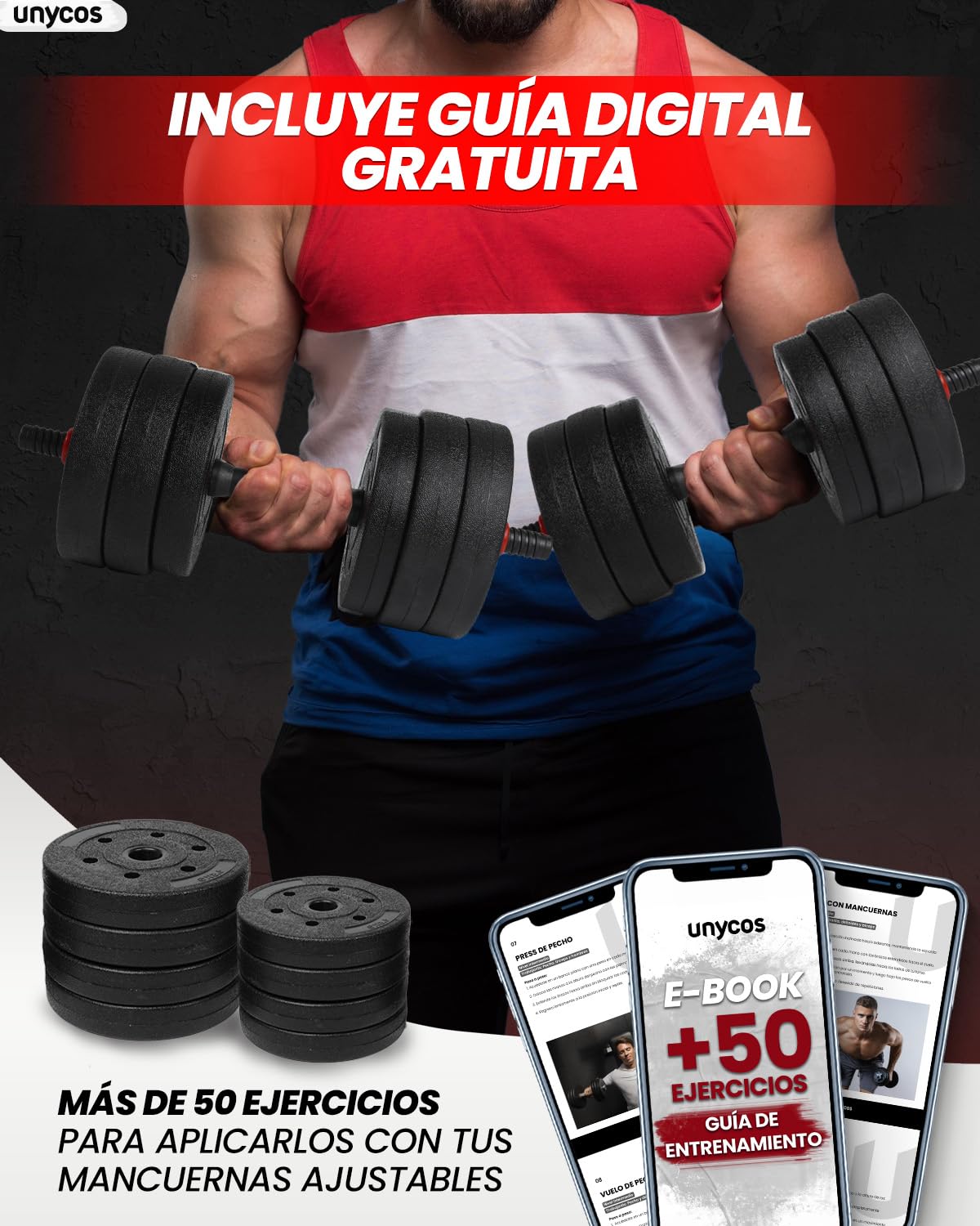 unycos - Mancuernas Ajustables【Discos de Cemento | 10-40 kg】con Barra Recta de Conexión | Pesas Ergonómicas para Hombres y Mujeres, Gimnasio en Casa, Fitness (Red/Orange Transformer) — view 8