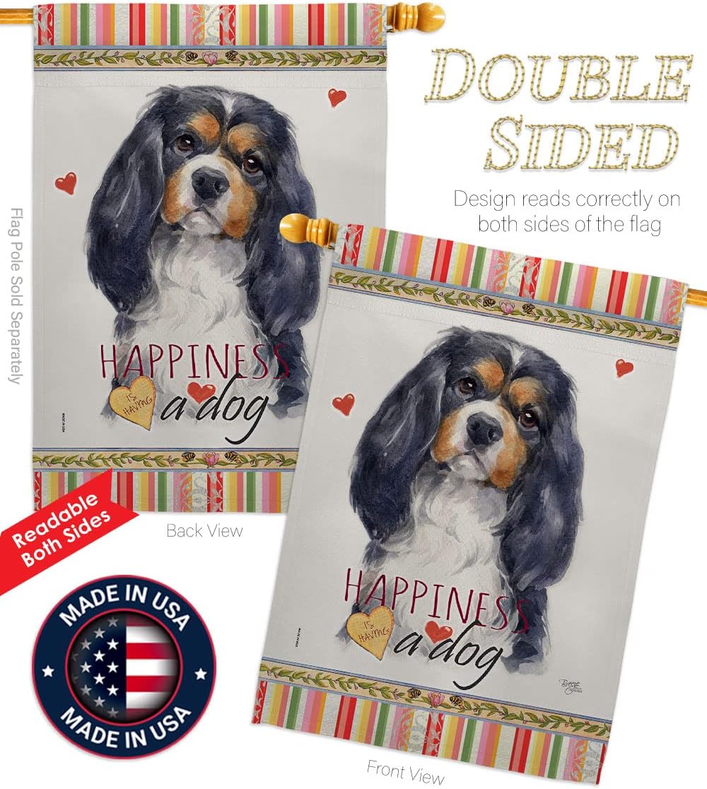 Breeze Decor Cavalier Spaniel Happiness House Flag Pack Dog Puppy Spoiled Paw Canine Fur Pet Nature Farm Animal Creature Vintage Applique Banner Small Garden Yard Gift Double-Sided, Made in USA