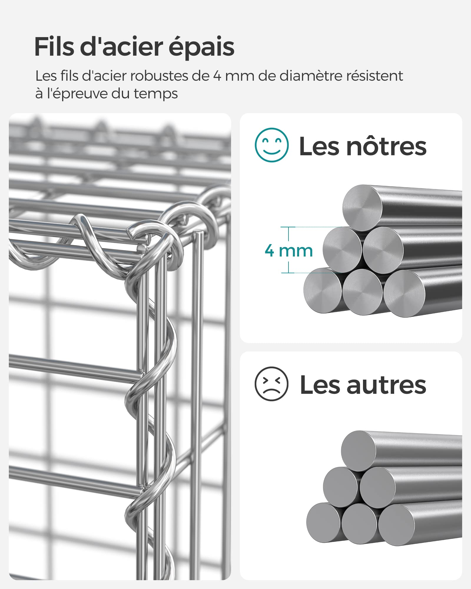 SONGMICS Gabion pour Pierre, Cage en Métal, Panier à Pierre, Maille 5 x 10 cm, Galvanisé, Mur, Paterre, Décoration de Jardin, 100 x 50 x 30 cm, Argent GGB153