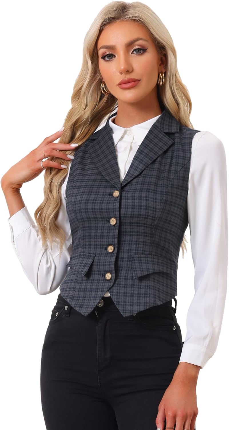 Allegra K Women's Plaid Waistcoat Notched Lapel Collar Single Breasted Vintage Vest