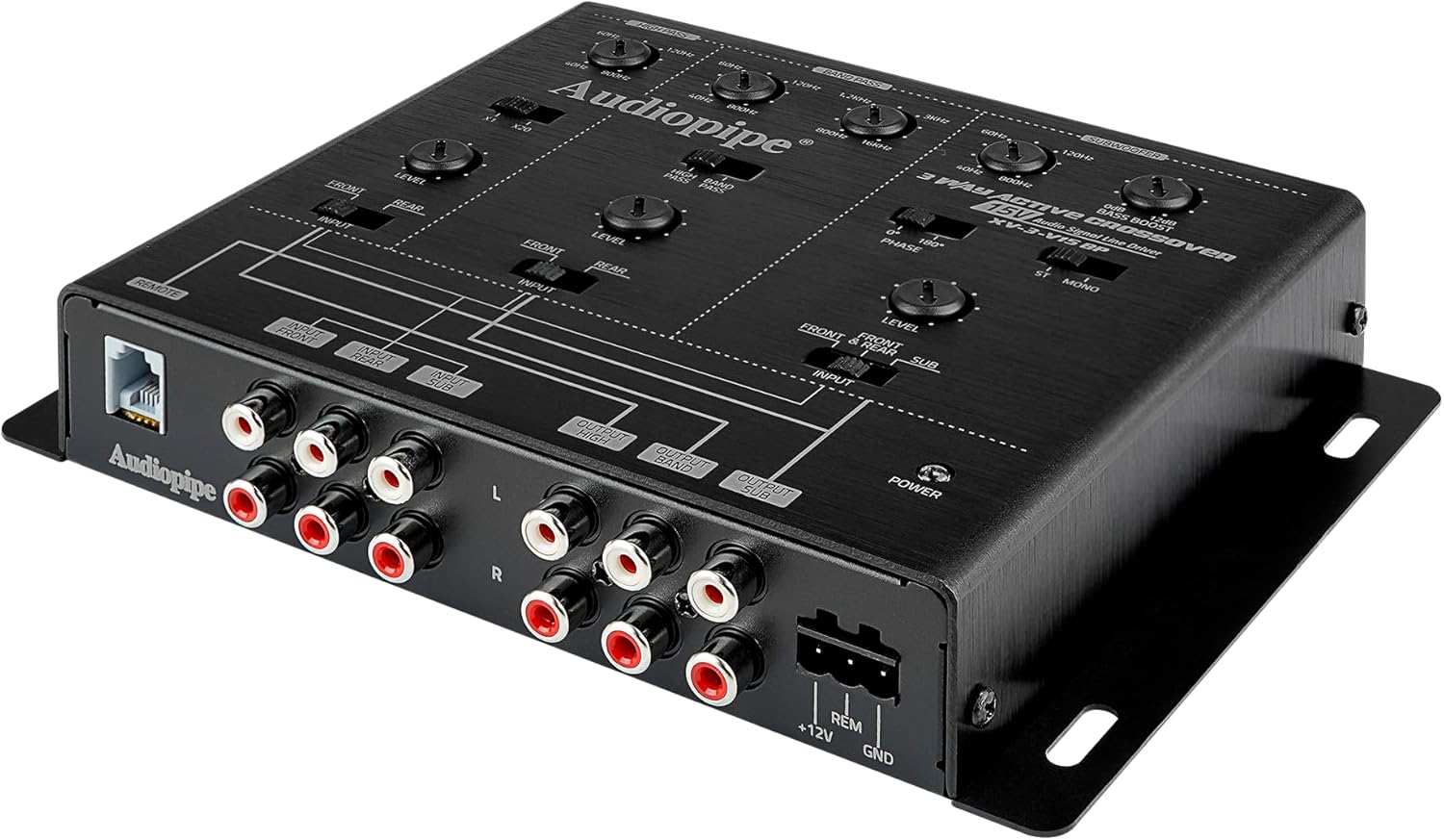 Audiopipe 3-Way Active Crossover with Bandpass Filter (XV-3-V15BP), Multiplier Switch, Compact, Power LED Indicator, Subwoofer Bass Boost, Custom Installation, Remote Bass Knob