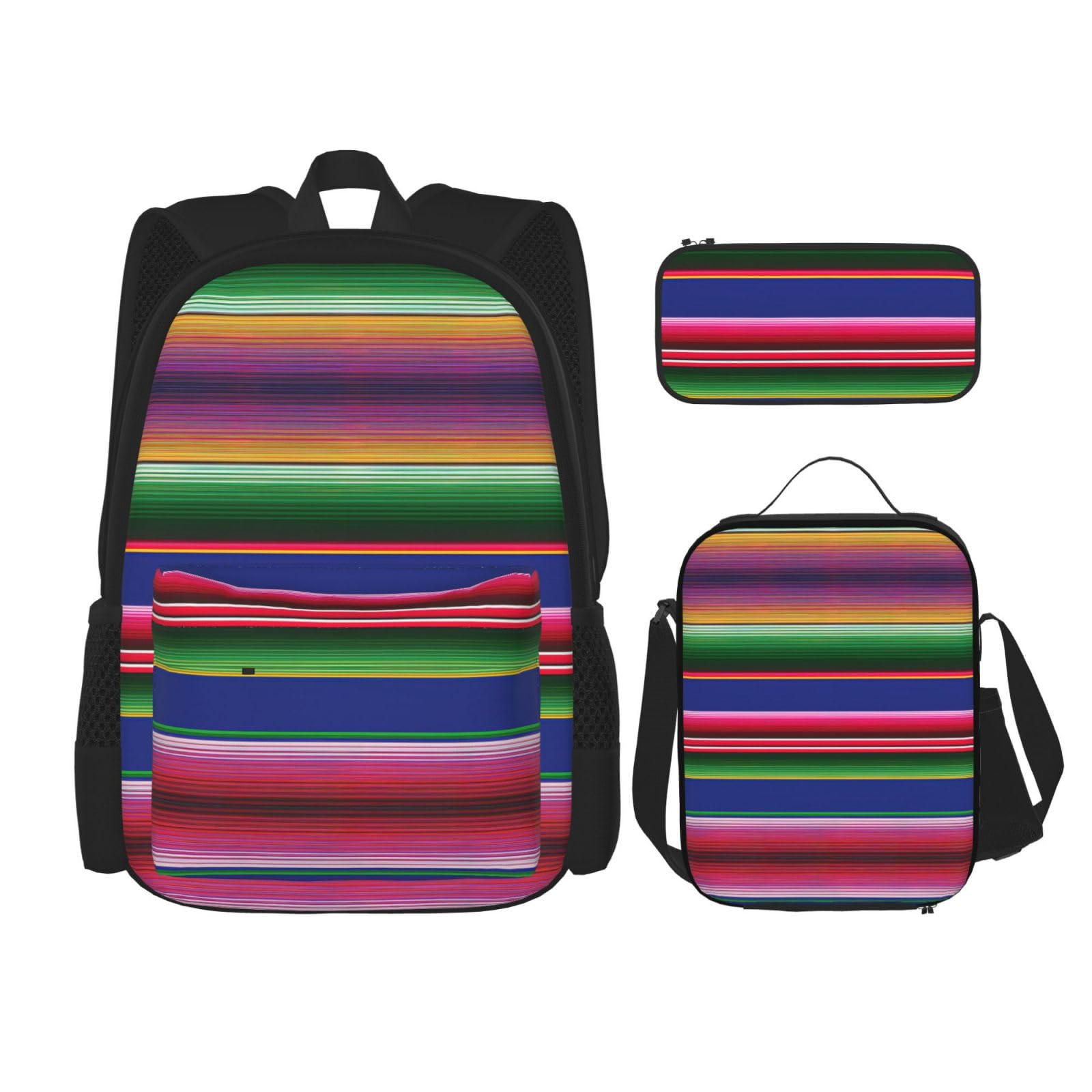 Juego de 3 mochilas escolares con estampado de rayas mexicanas coloridas, mochila para laptop resistente al agua de gran capacidad con bolsa de almuerzo aislada y estuche para lápices para