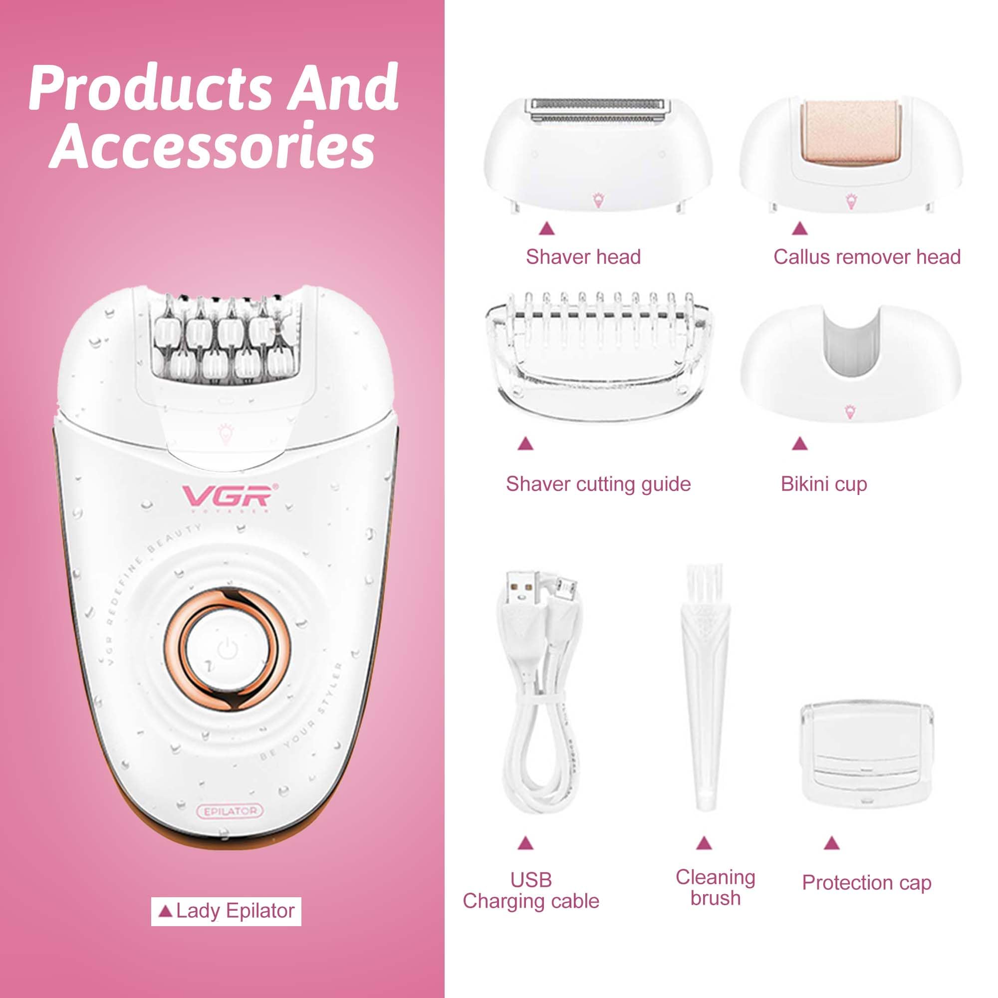 VGR 739 Epilatore 3 In 1 Per Donne, Senza Fili IPX4 Impermeabile Con Testa Epilatore, Rasoio E Rimuovi Calli, 2 Velocità E Luce LED, Epilatore Ricaricabile USB Per Viso E Corpo