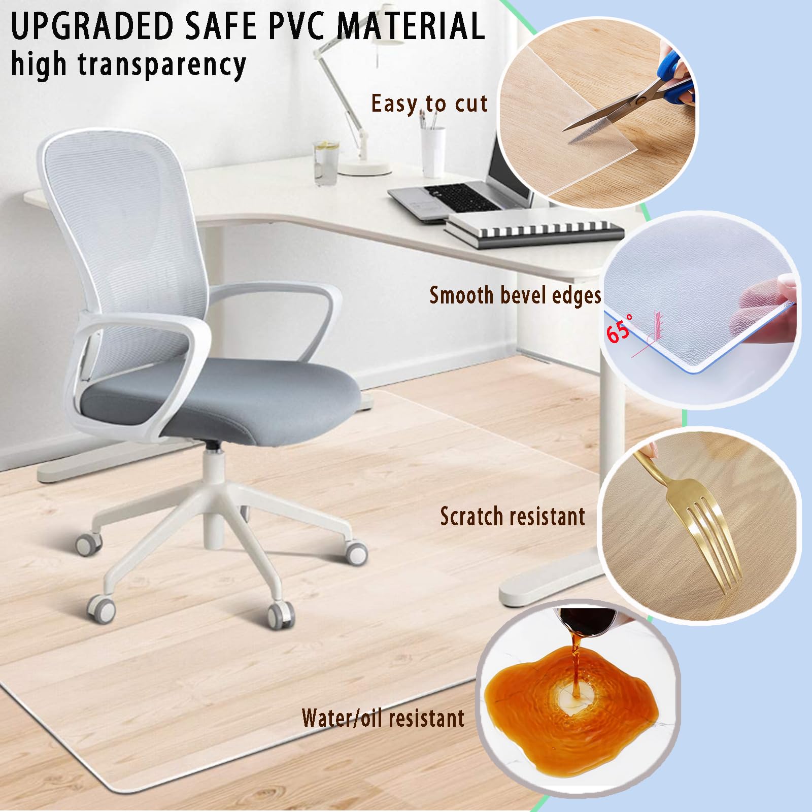 Tapis de chaise transparent pour sols durs, 91,4 x 121,9 cm, grand tapis de protection de bureau d'ordinateur, PVC transparent, anti-rayures, facile à nettoyer, pour la maison et le bureau