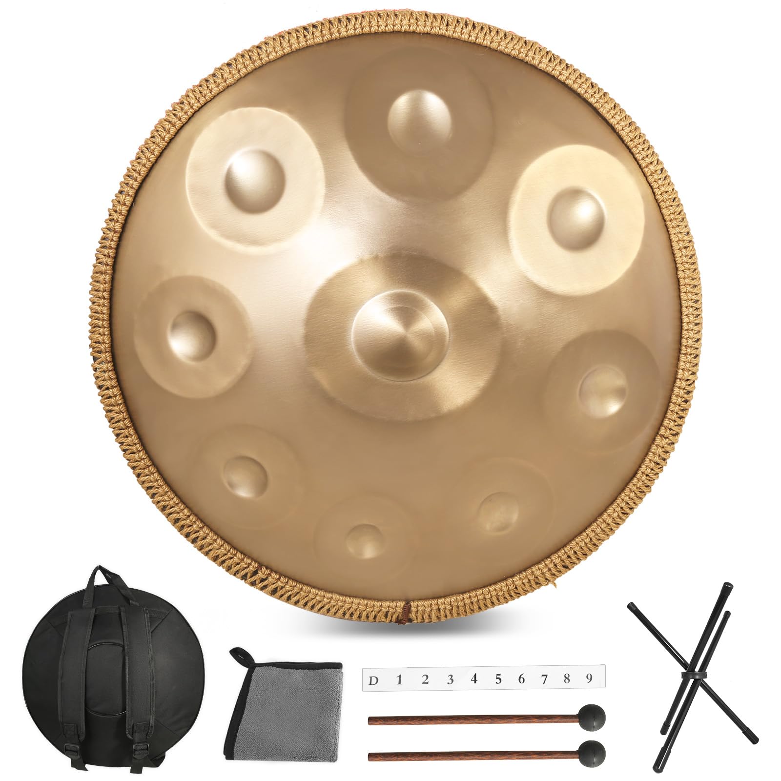 Handpan, Oro Handpan Strumento Musicale 22 Pollici 9 Note 432Hz Tongue Drum in Re Minore per Yoga, Meditazione con Bacchette da Borsetta, Supporto per Batteria, Straccio