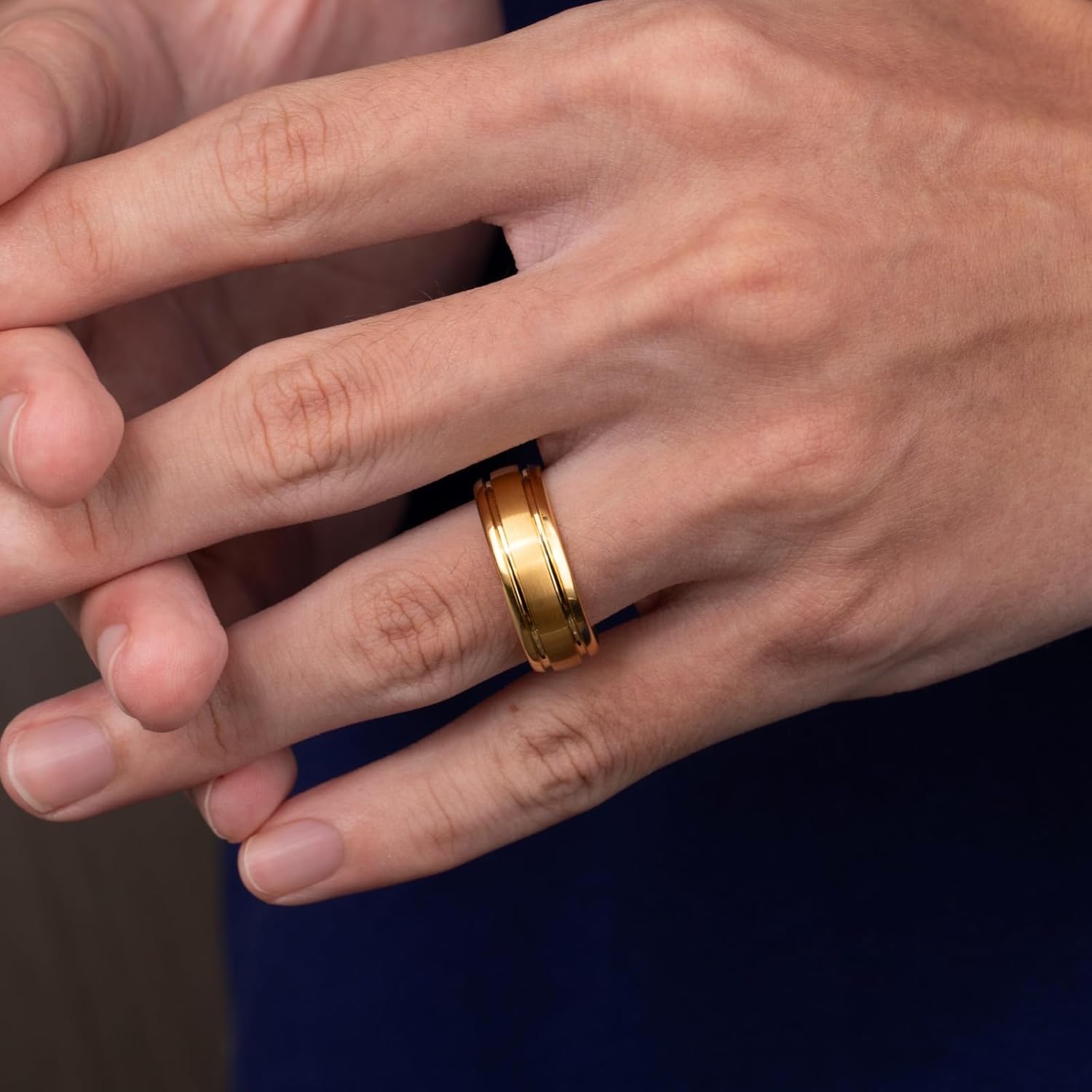 Vakki Gold Tungsten Rings for Men 8mm Double Grooved Wedding Band Brushed Center Polished Edge Domed Size 7-12 - Image 6