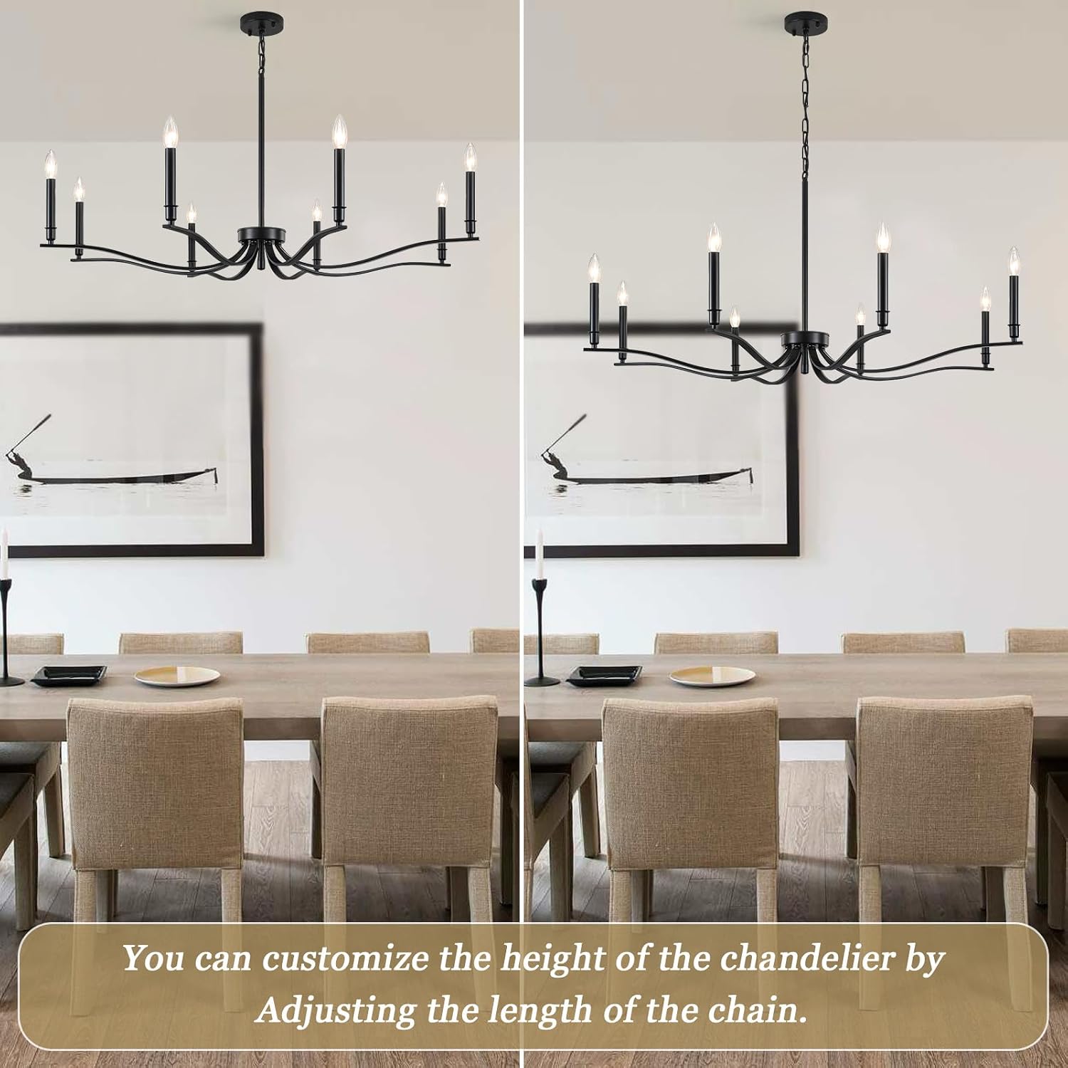 8-Light Black Chandelier, 44" Farmhouse Vintage Adjustable Pendant Light for Kitchen Island, Dining Room, Modern Rustic Entryway Foyer Hallway Bedroom Candle Ceiling Fixture