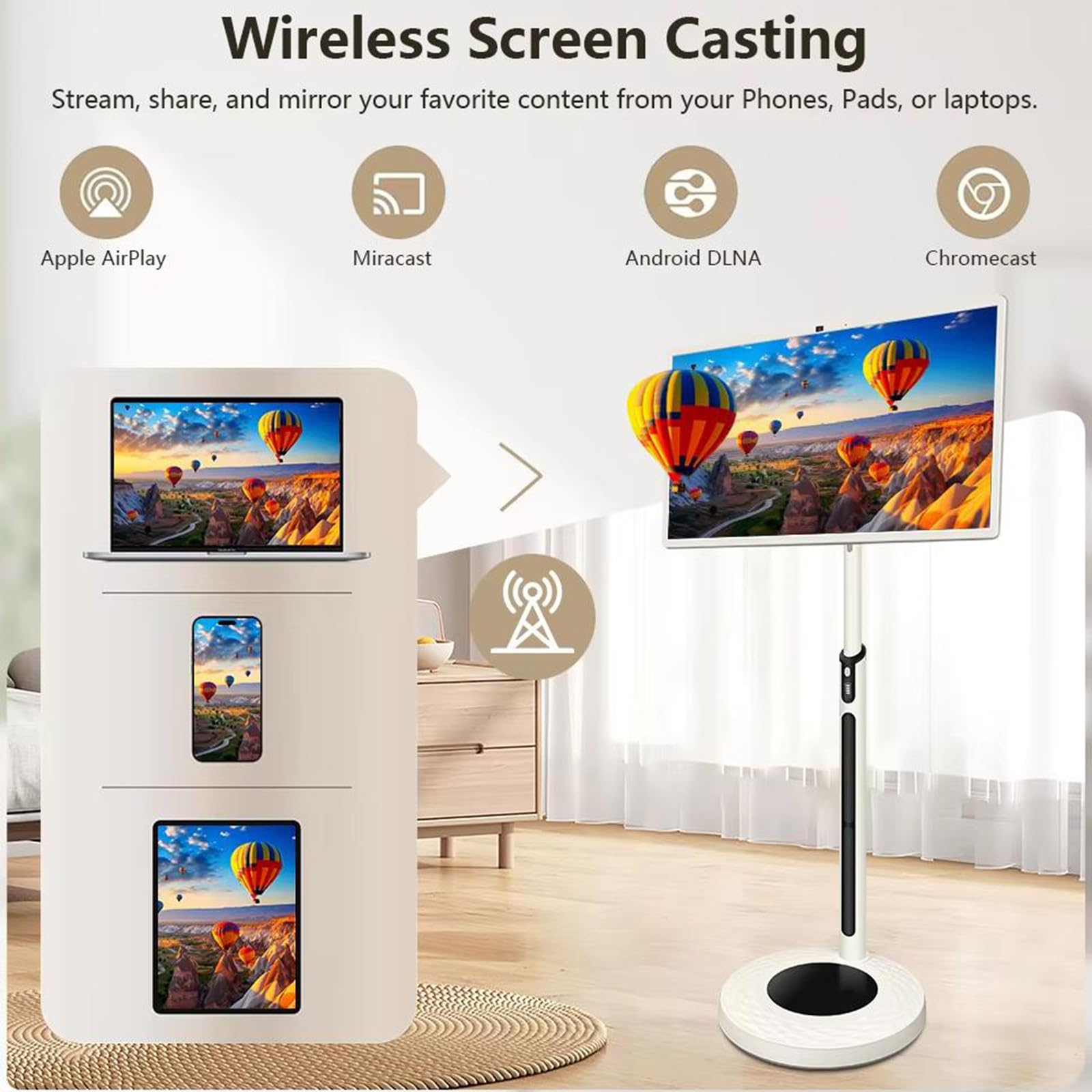 Televisor inteligente portátil inalámbrico con ruedas de 32 pulgadas, televisor con pantalla táctil y tableta en uno, con cámara HD de 13 MP, Android 13, batería de 4 a 6 horas, 8 GB + 128 GB Black