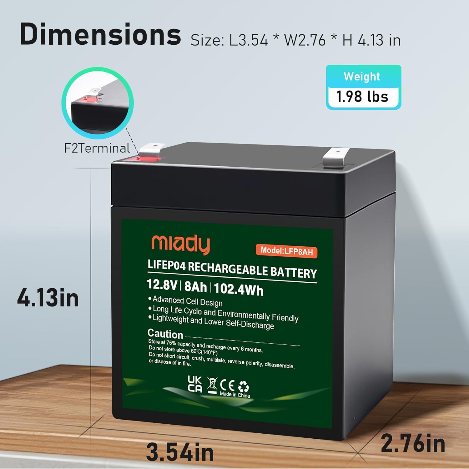 Black Miady 12V 8Ah Lithium LiFePO4 Battery, Deep Cycle 3000  Rechargeable Battery for Small UPS, Fish Finder, Power Wheels, Scooters, Solar-Power, Built-in 8A BMS