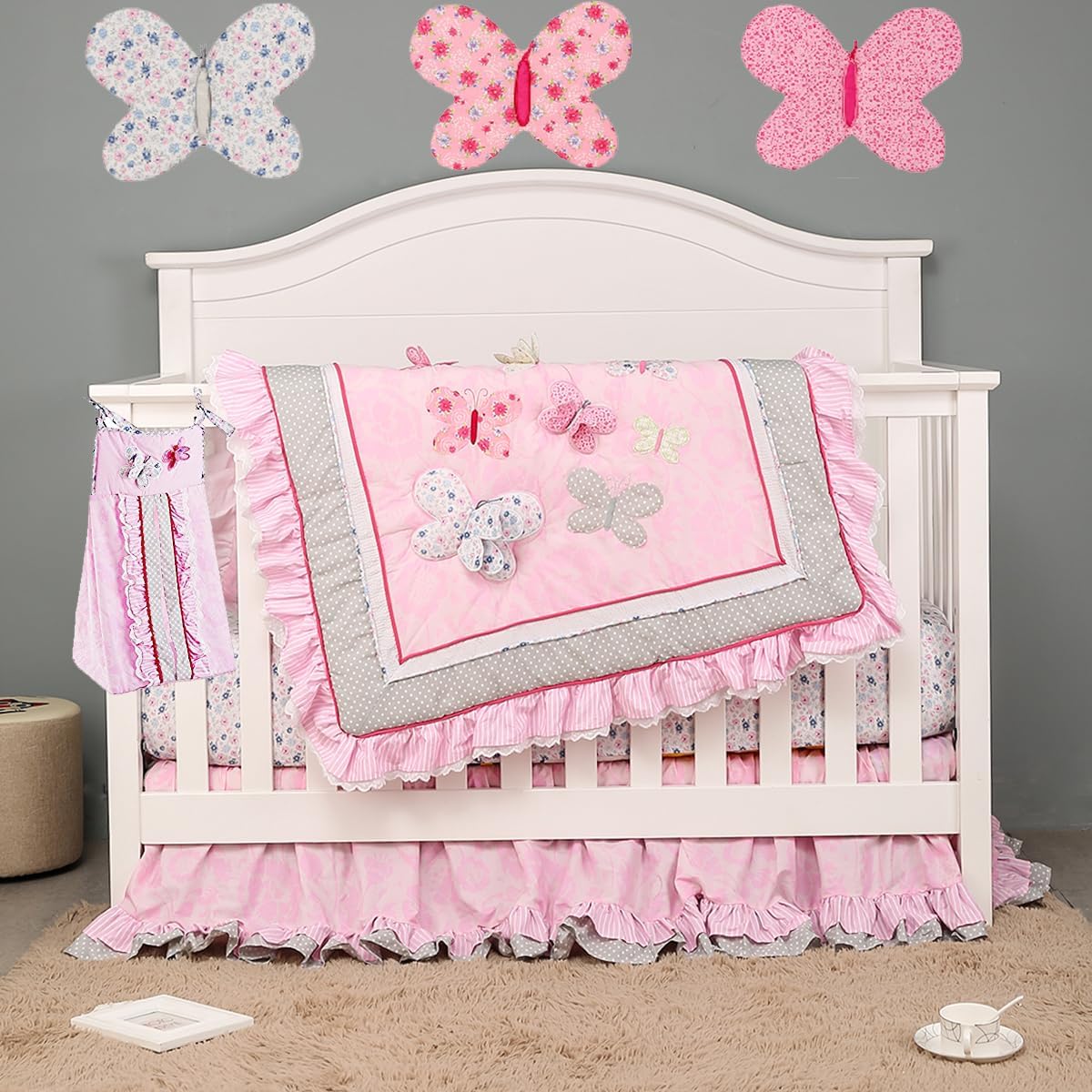 Pink 3D Butterfly Nursery Crib Bedding Set 7-Piece Cotton Butterfly Themed Baby Girl Cot Bedding Set Quilt/Fitted Sheet x2 /Diaper Stacker/Wall Decor x 3, 28'' X 52''
