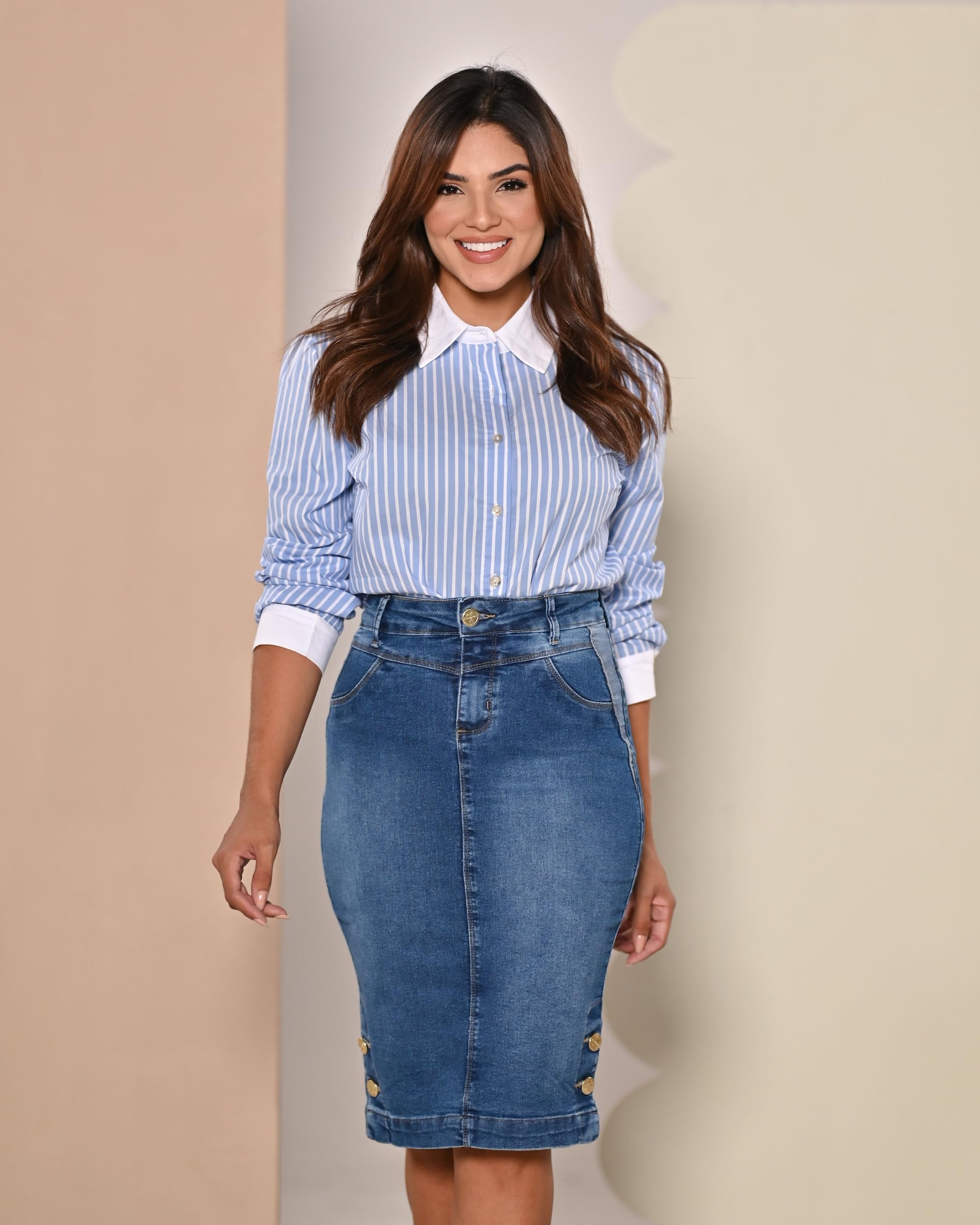 Gerader knielanger Stretch-Jeansrock für Damen, Größe 0–22, normale und Übergröße, seitliche Knopfdetails