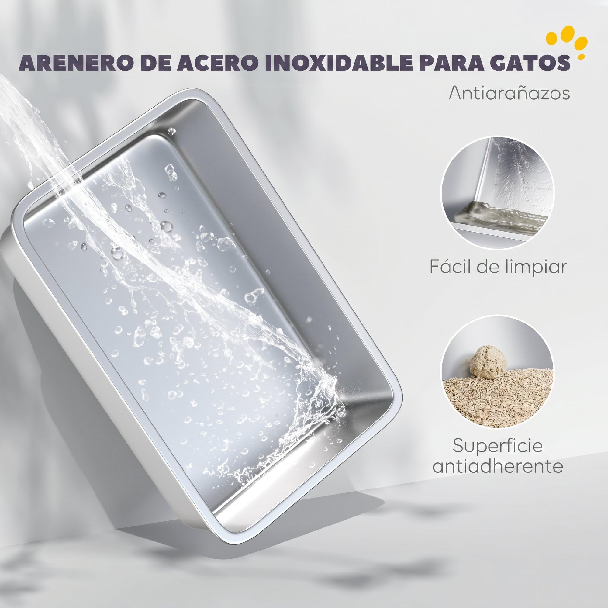PawHut Arenero para Gatos de Acero Inoxidable XL Borde Alto Gris Claro