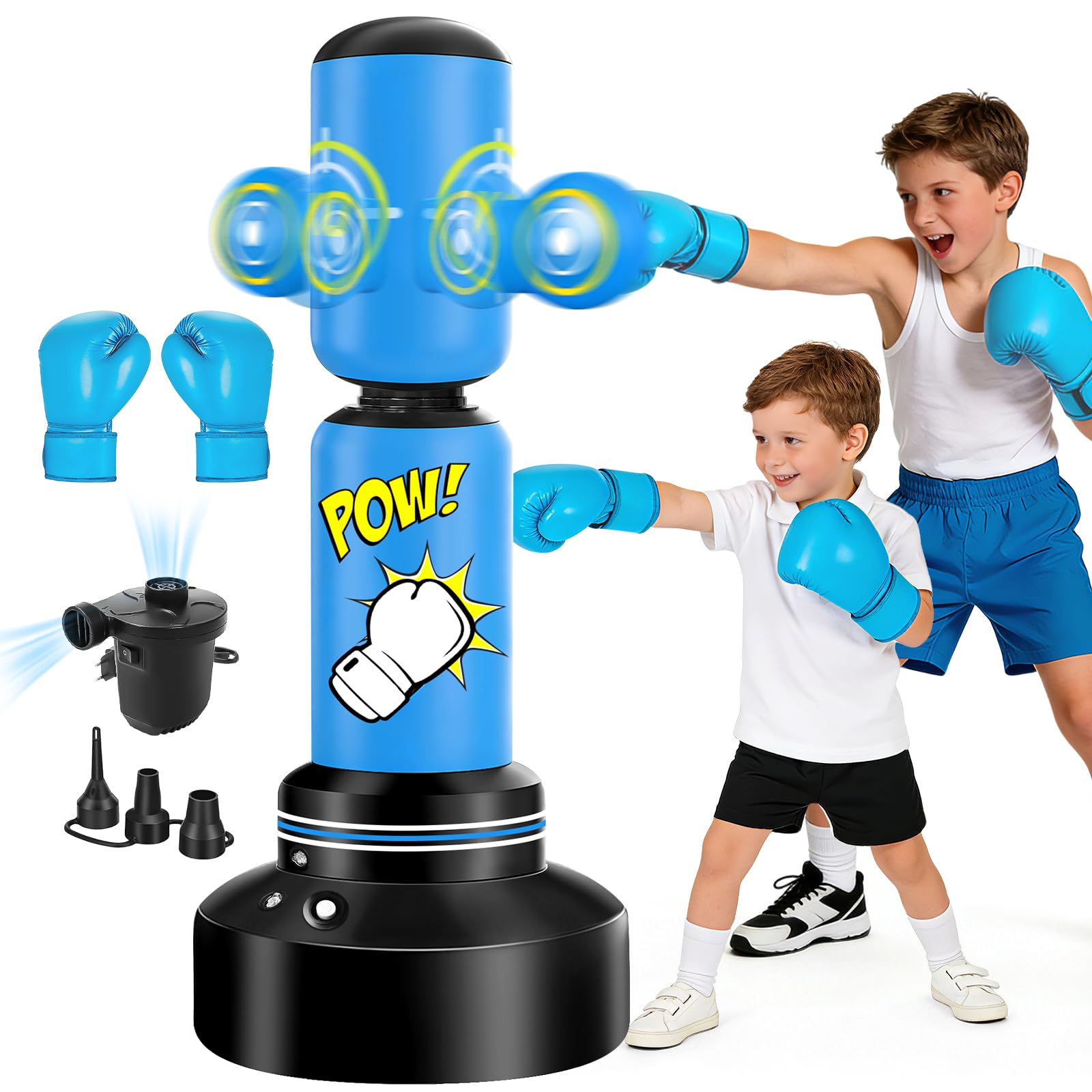 Saco Boxeo Niños,Saco de Boxeo Hinchable con Guantes y Inflador Electrico,Kickboxing, Equipo de Boxeo para Niños y Niñas de 6 a 14 Años