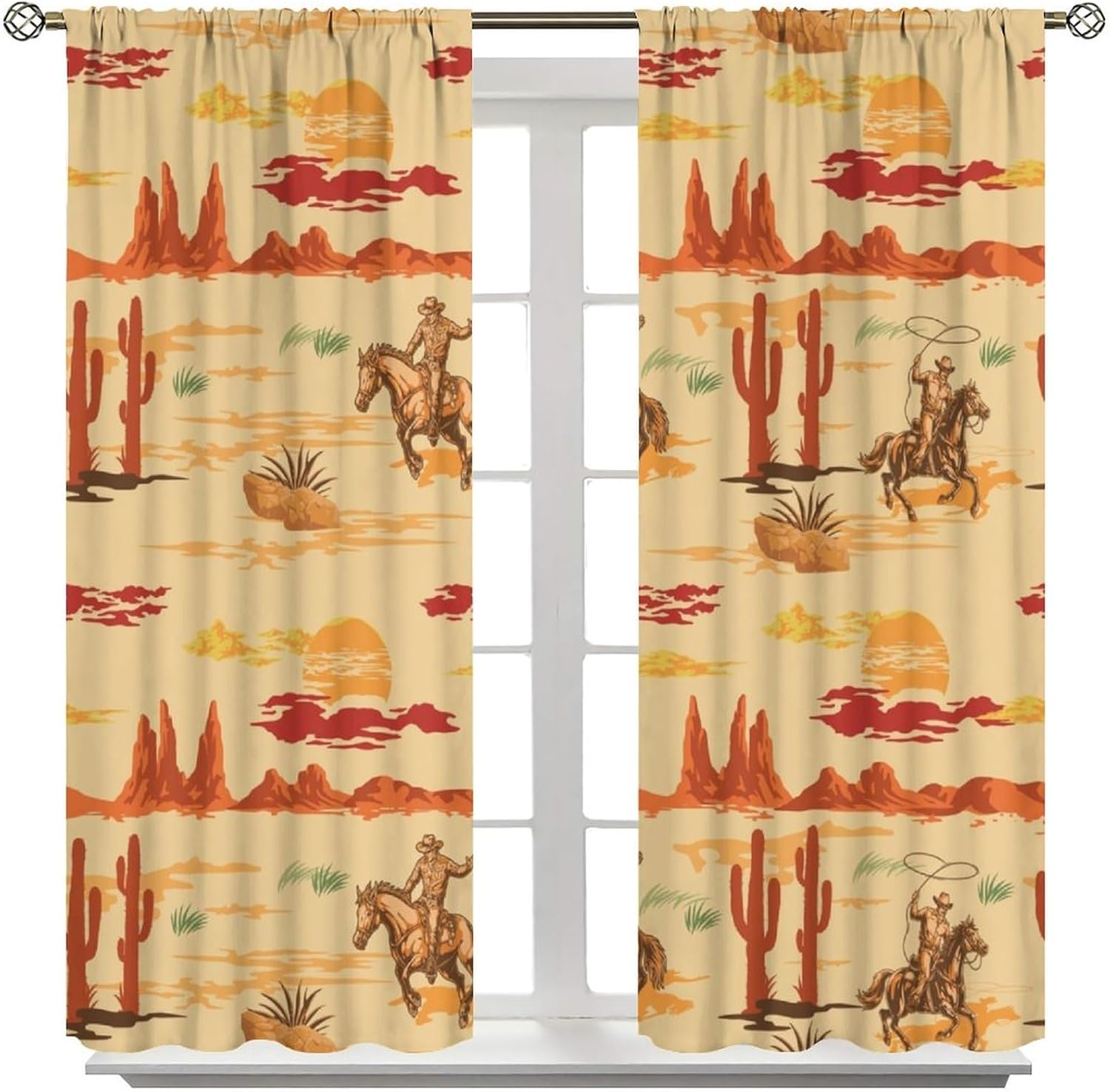 Western Cowboy Curtains Riding Horse Cactus Desert Cow Vintage Farmhouse Country Rod Pocket Brown and Yellow Curtain for Bedroom Kitchen Living Room 42" W X 45" L