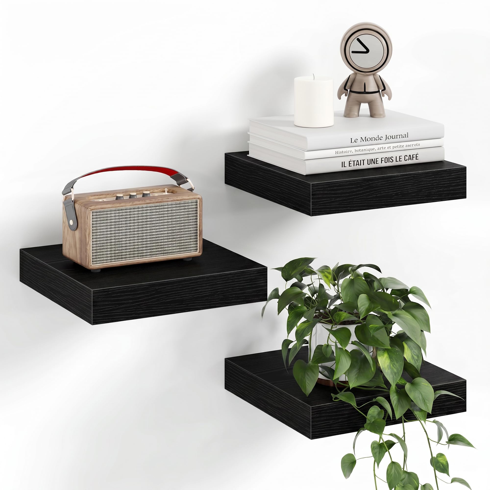 Fun Memories Small Floating Shelves for Wall - 8 Inch Square Wall Shelves with Invisible Brackets, Black Shelves for Bathroom, Living Room, Bedroom, and Kitchen Decor, Set of 3