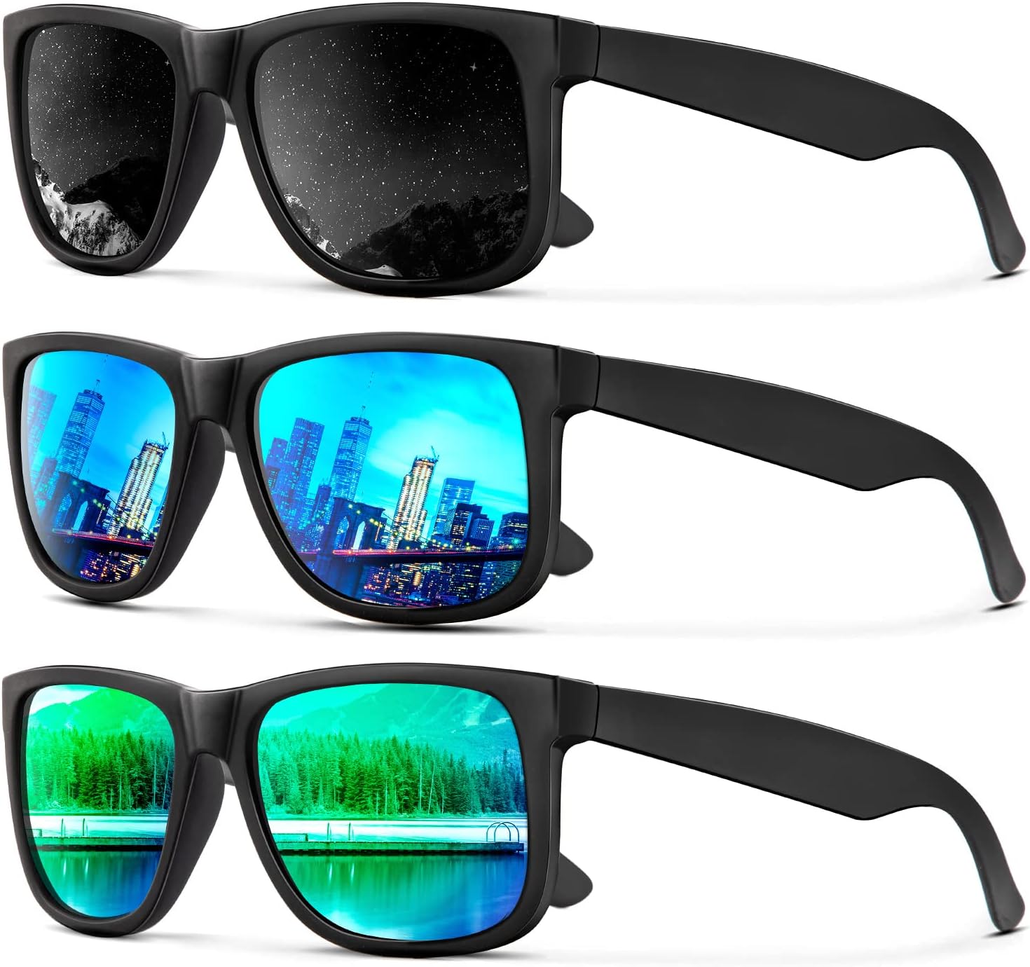 Sunglasses Men Polarized Sun glasses for Mens Womens Classic Matte Black Frame UV Protection 3pack