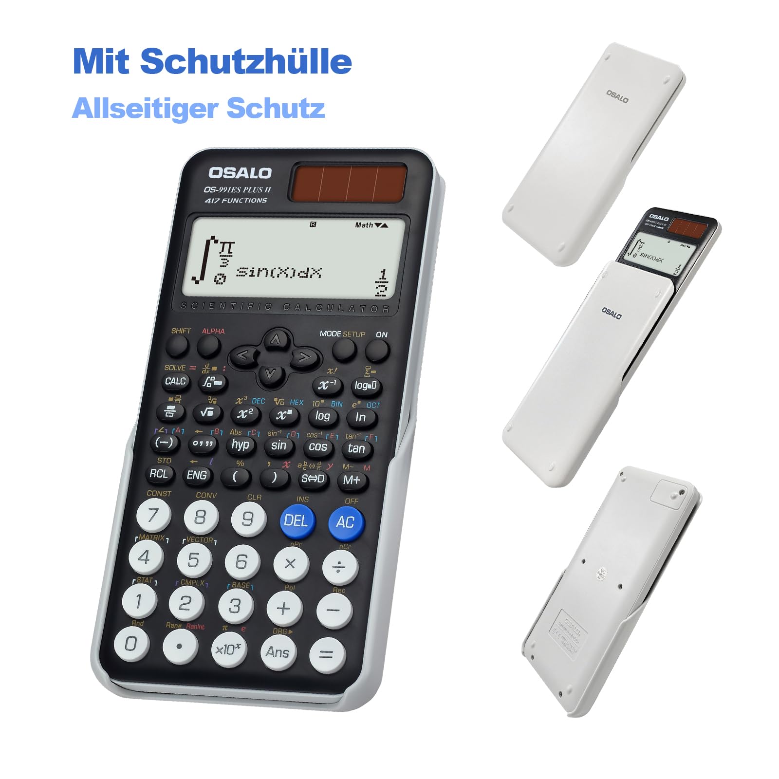 OSALO Calculatrice Scientifique, 417, Fonction 10 + 2 Chiffres, Affichage écrit, Calculatrice Solaire et Batterie, étui de Protection pour l'école, Noir (OS 991ES Plus 2ème édition)