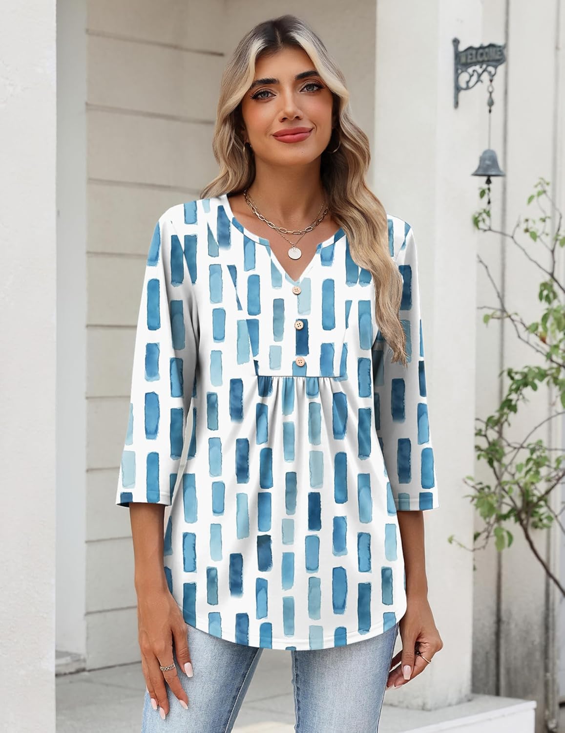 Zeagoo Womens 3/4 Length Sleeve Tops V Neck Dressy Casual T Shirts Pleated Business Work Blouses Basic Tees S-3XL - Image 2