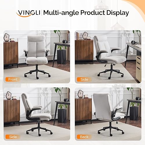 Miniatura 3 de VINGLI Silla de escritorio de oficina ergonómica con brazos abatibles acolchados, silla de computadora ejecutiva giratoria de 360 con respaldo alto